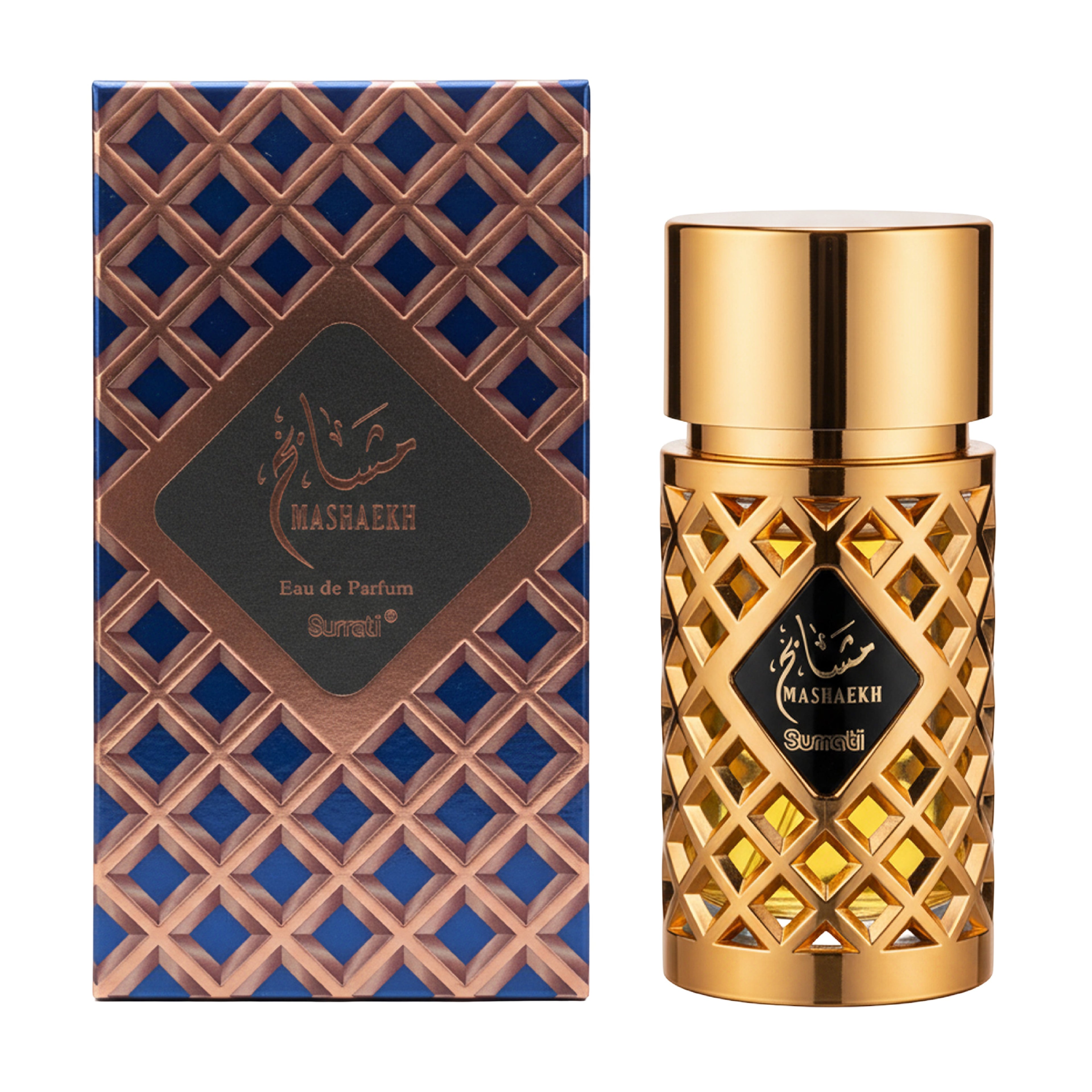 Gold perfume bottle and packaging with intricate design on a white background
