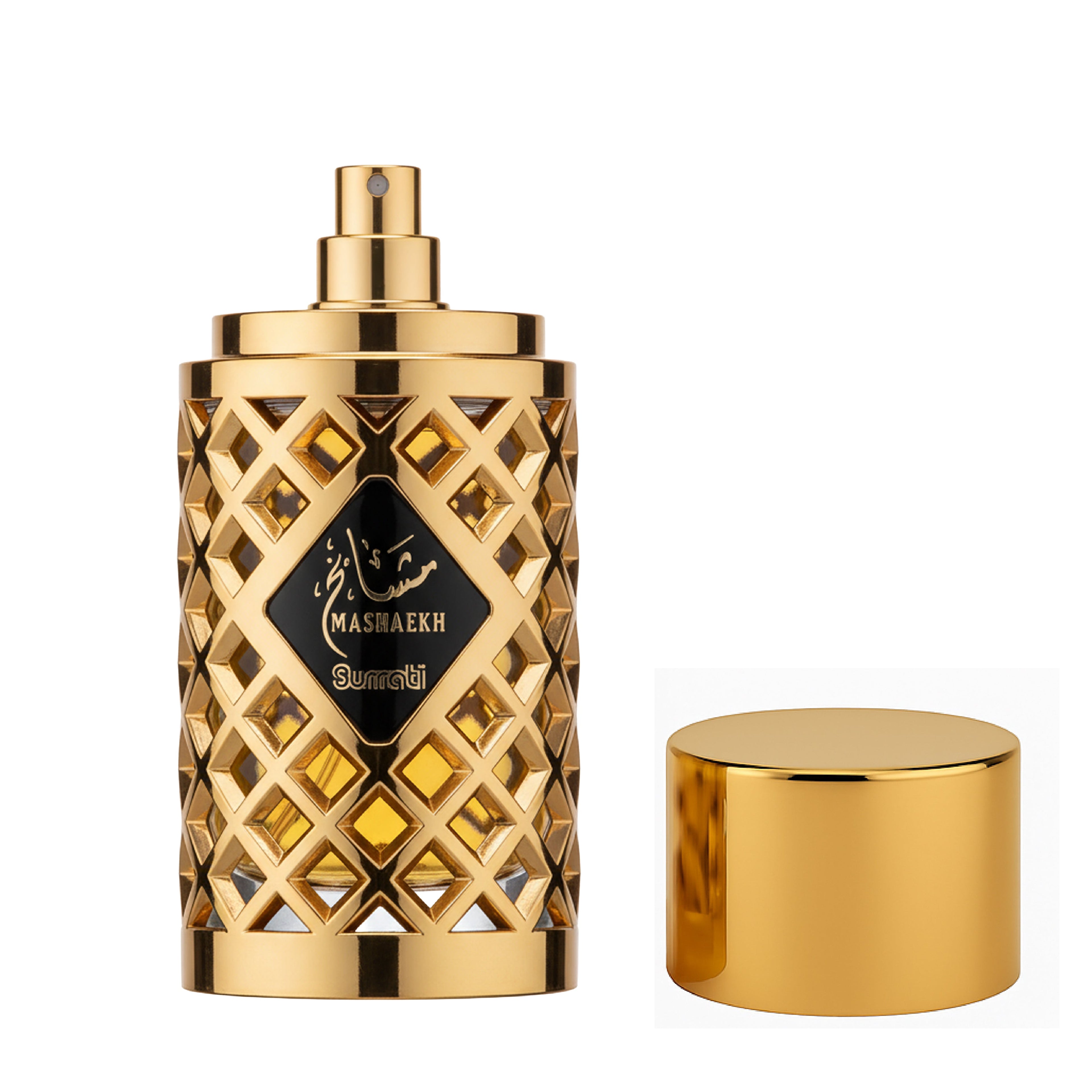 Gold perfume bottle with intricate design on a white background
