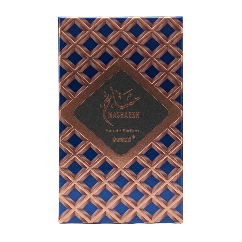 Mashaekh Eau de Parfum packaging with geometric pattern