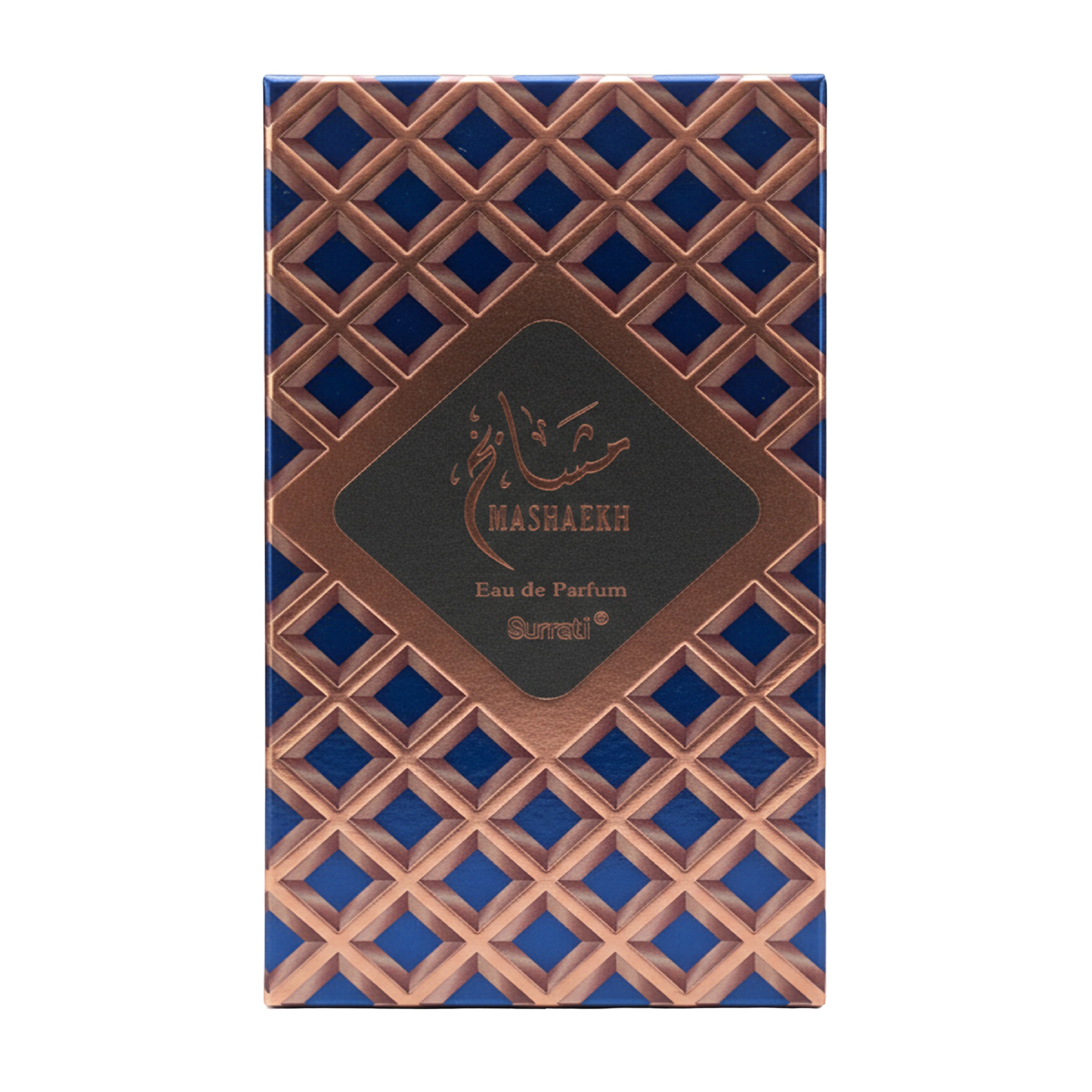 Mashaekh Eau de Parfum packaging with geometric pattern