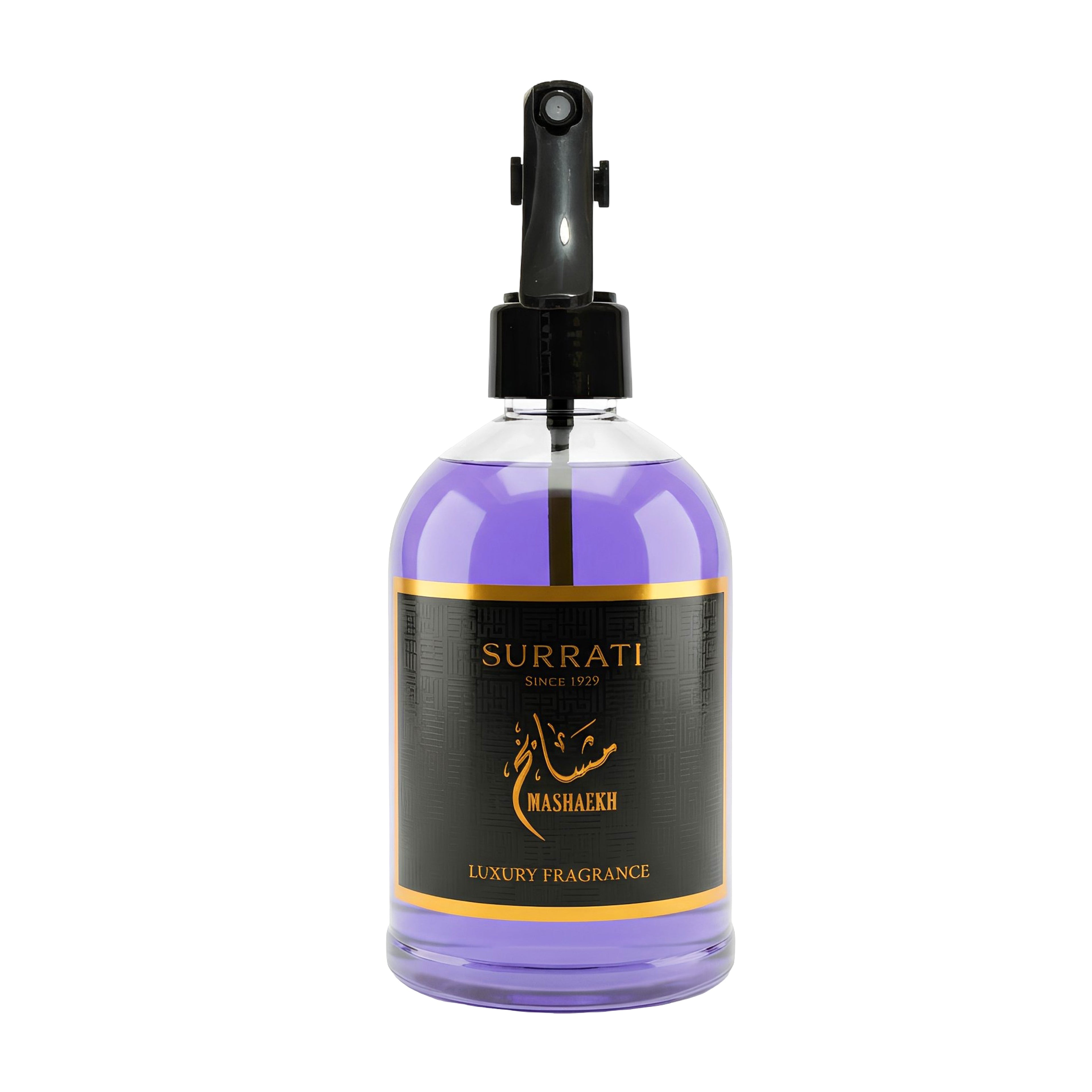 Surrati luxury fragrance bottle with black and gold label on a white background