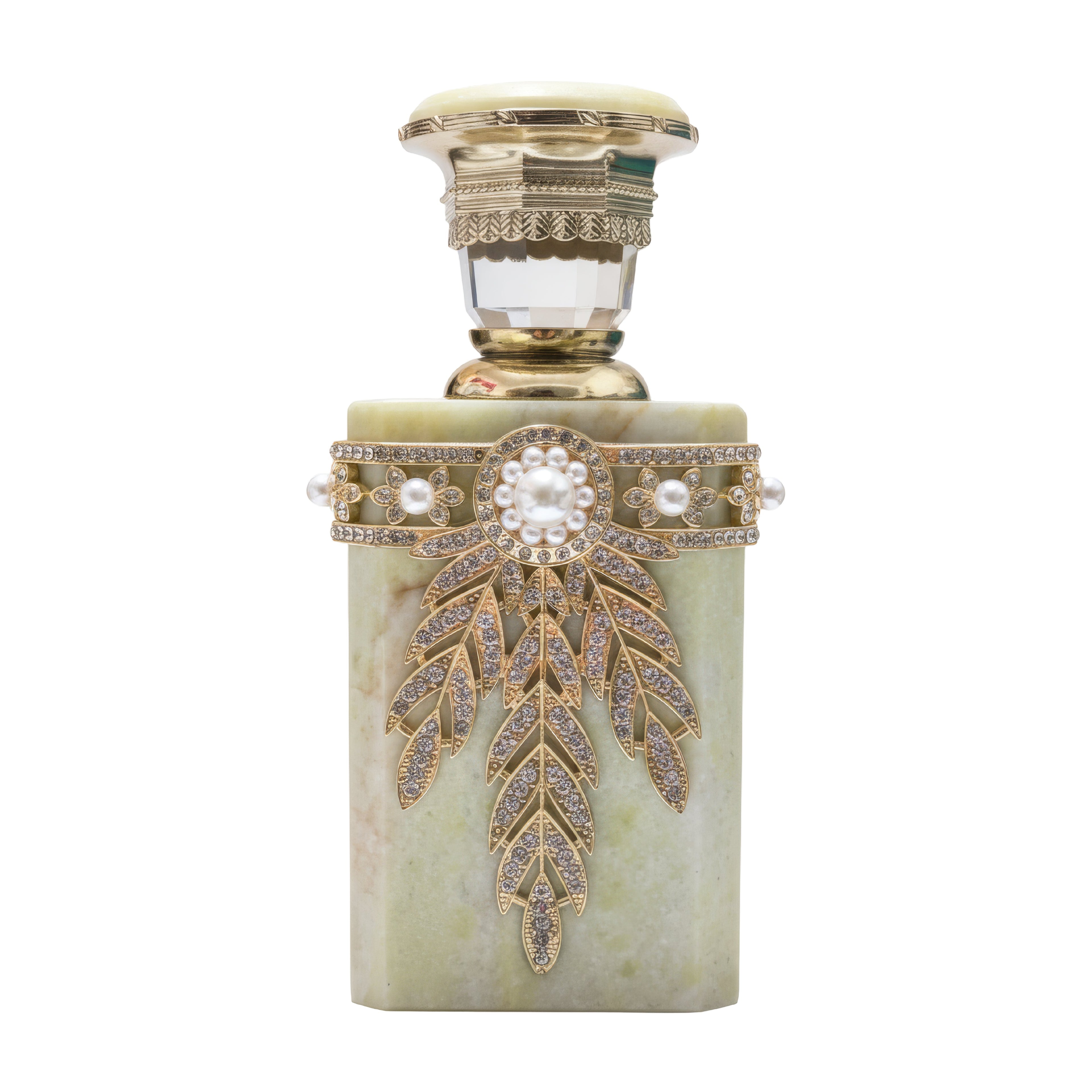 Decorative perfume bottle with gold accents and a white background