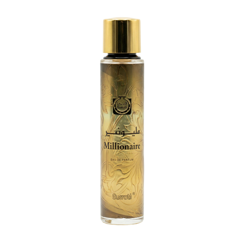 Gold and black perfume bottle labeled 'Millionaire' on a white background