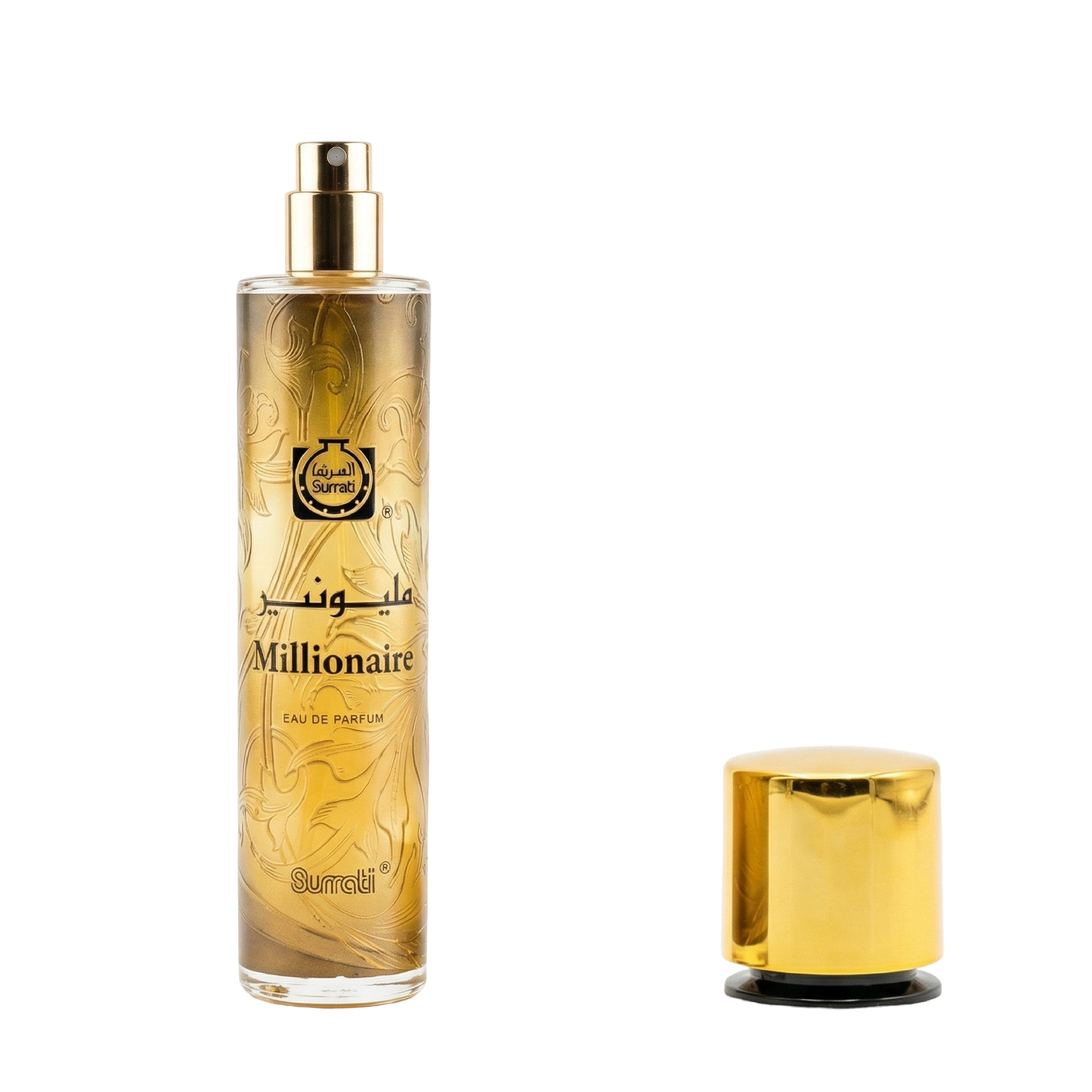 A bottle of Suratti Millionaire Eau de Parfum with a gold spray nozzle and a separate gold cap, displayed on a clean white background.