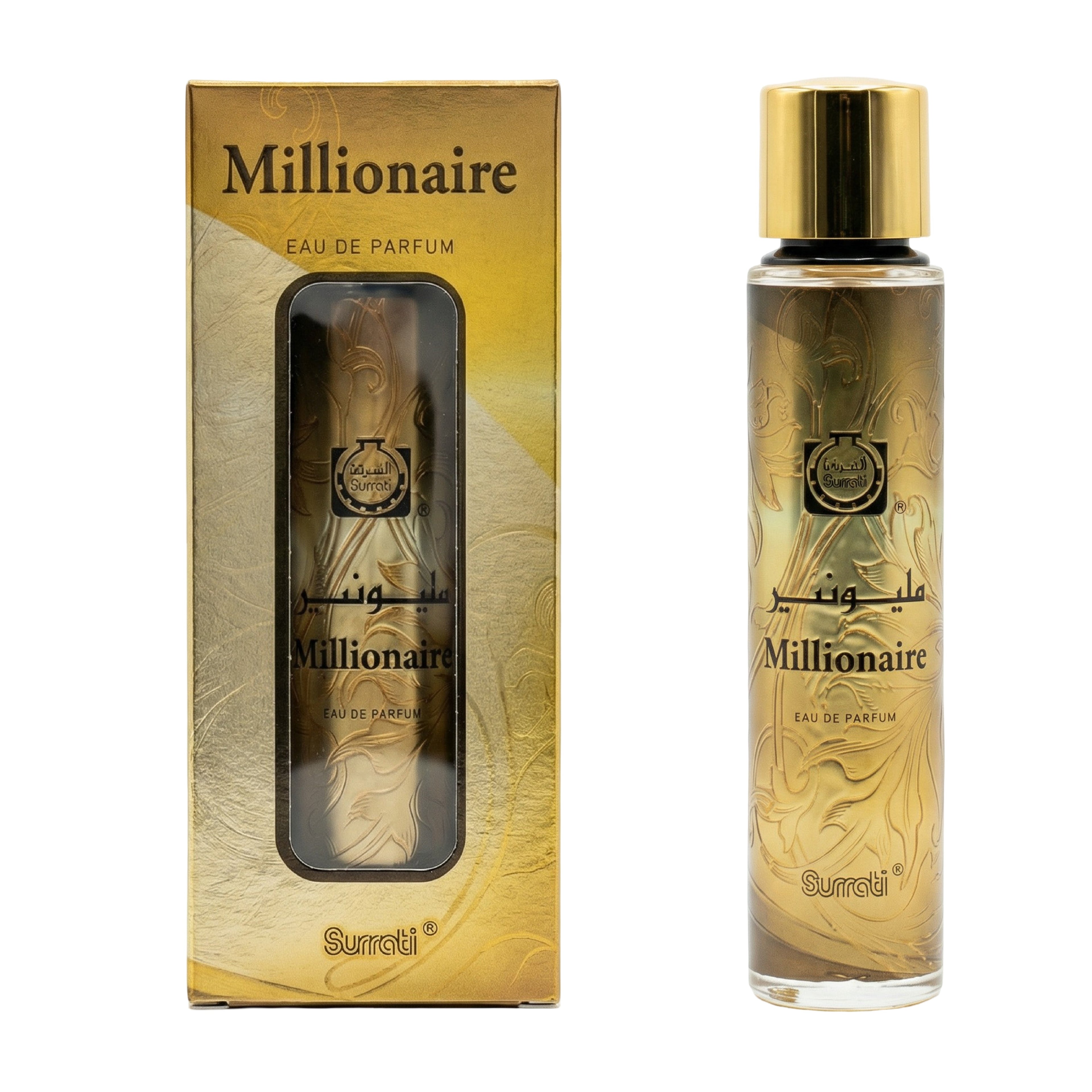 Millionaire Eau de Parfum by Surcti, showing the gold-colored perfume bottle next to its matching gold packaging box on a plain white background.