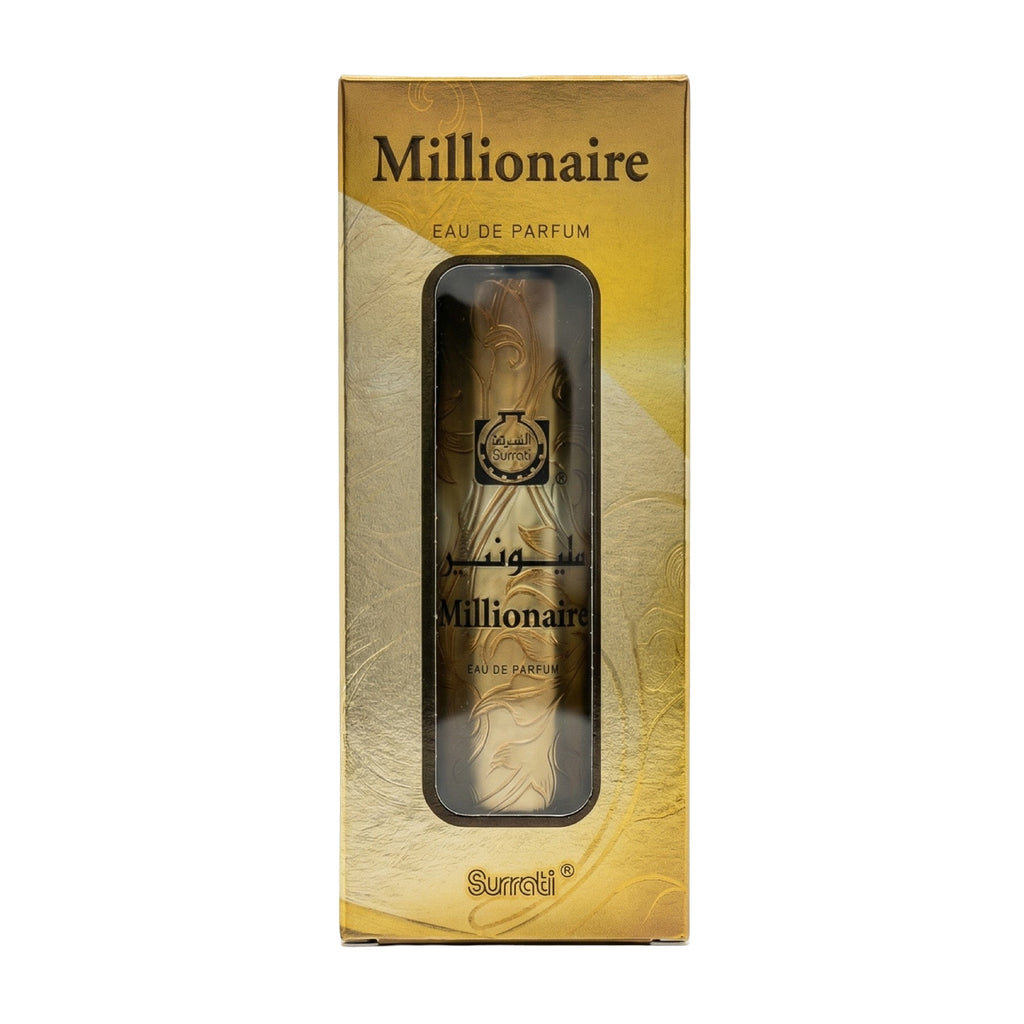 Millionaire Eau de Parfum by Surati, presented in its gold-colored packaging box with a clear window showing the bottle inside.