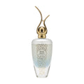 Benefit Muse Aroos perfume bottle with a frosted white and light blue gradient body, gold ornate scrollwork, and a distinctive gold double-horn cap on a white background.
