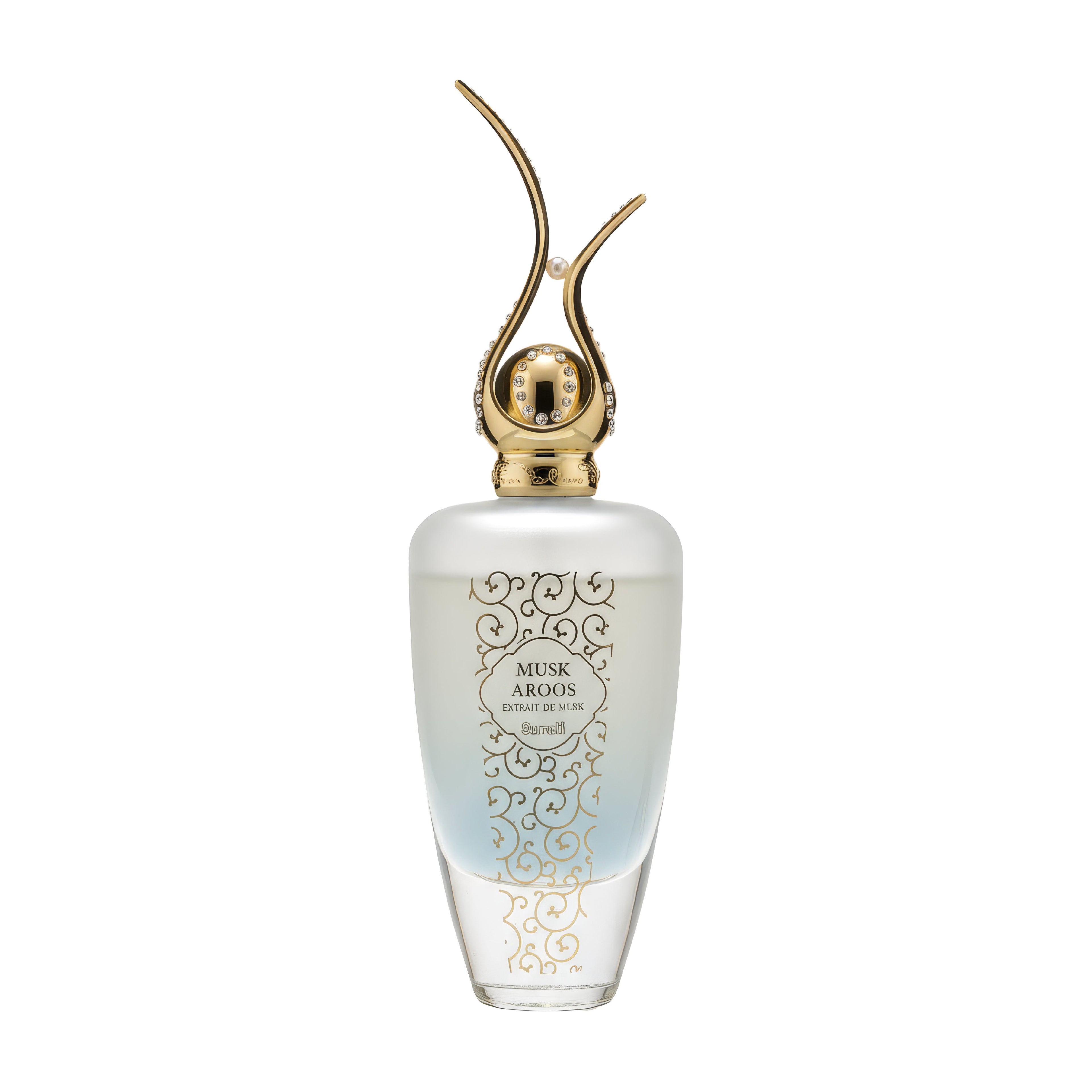 Benefit Muse Aroos perfume bottle with a frosted white and light blue gradient body, gold ornate scrollwork, and a distinctive gold double-horn cap on a white background.