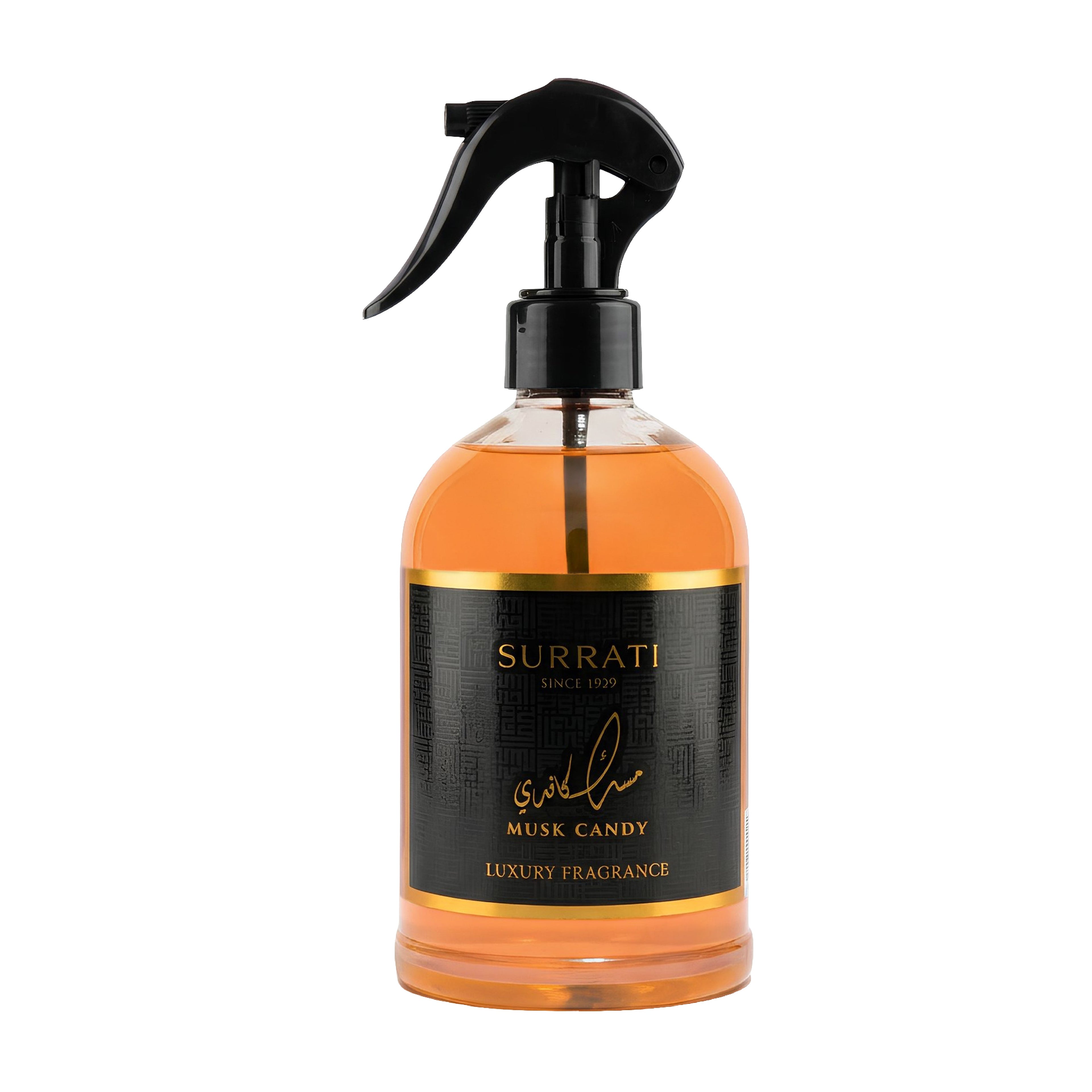 Bottle of Surrati Musk Candy luxury fragrance with a black spray nozzle on a white background