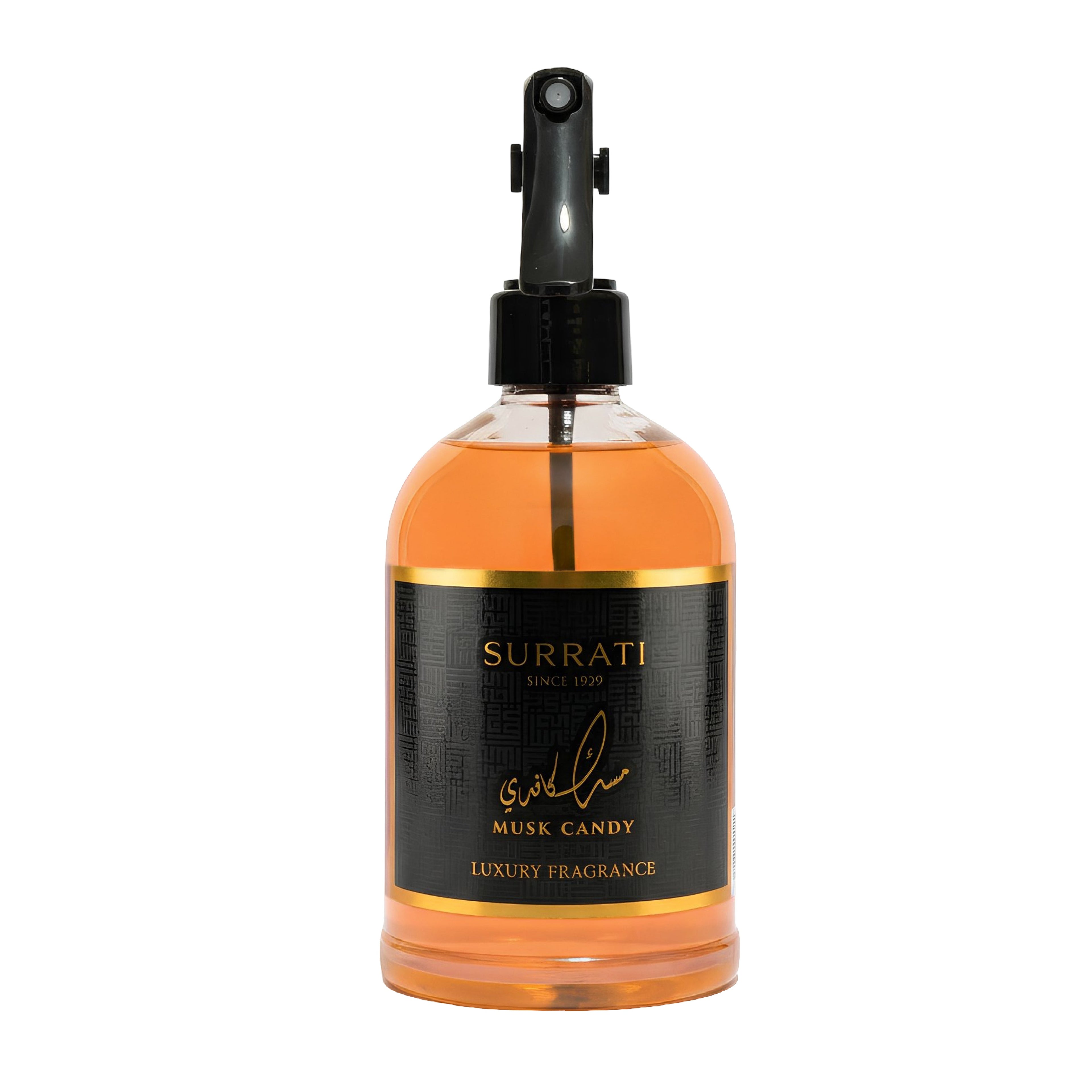 Surrati luxury fragrance bottle with black label on a white background