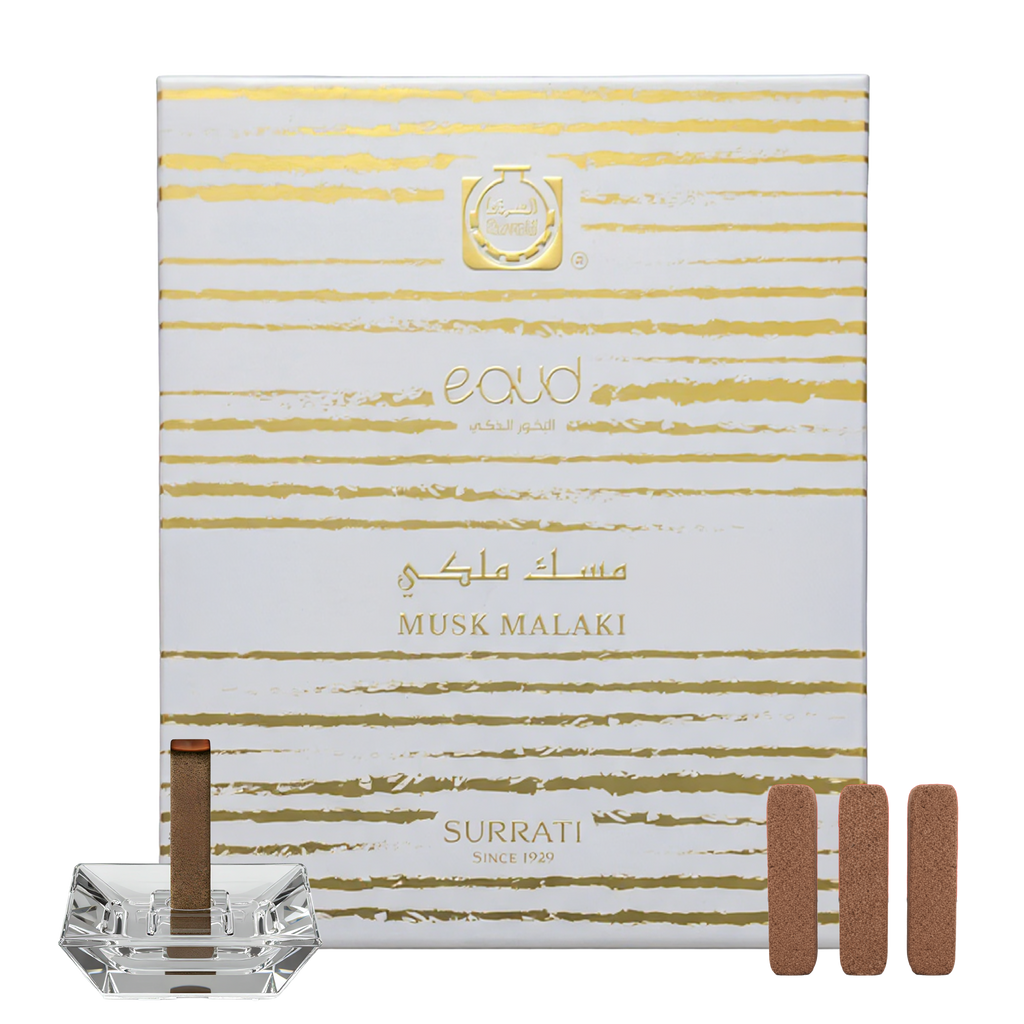 Surrati Musk Malaki perfume set with packaging, diffuser, and sticks on a white background