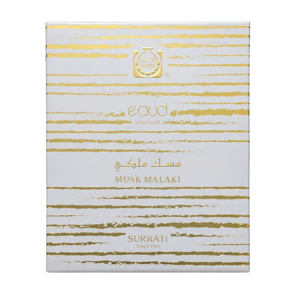 Surrati Musk Malaki Eau d'Parfum packaging with gold stripes on a white background