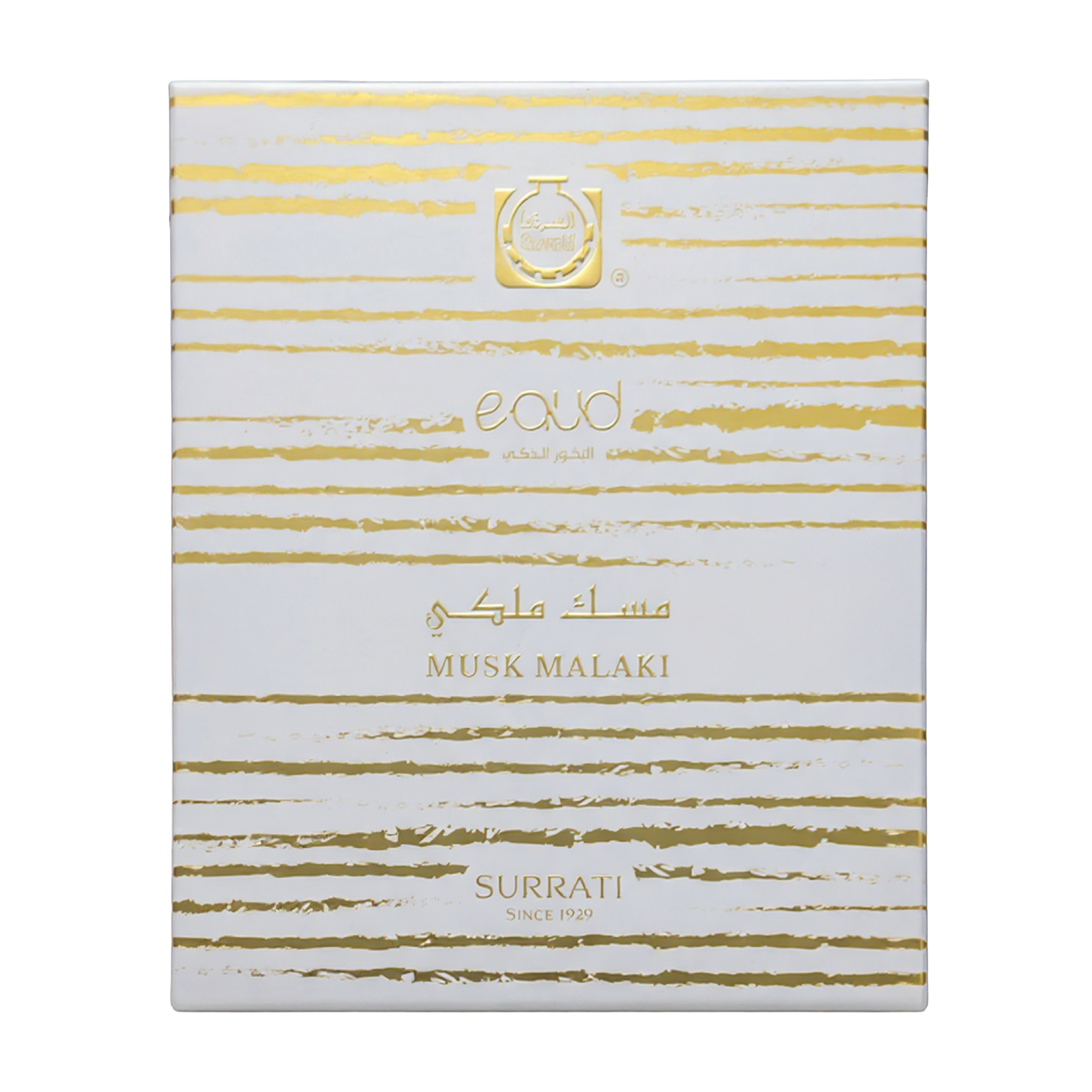 Surrati Musk Malaki Eau d'Parfum packaging with gold stripes on a white background