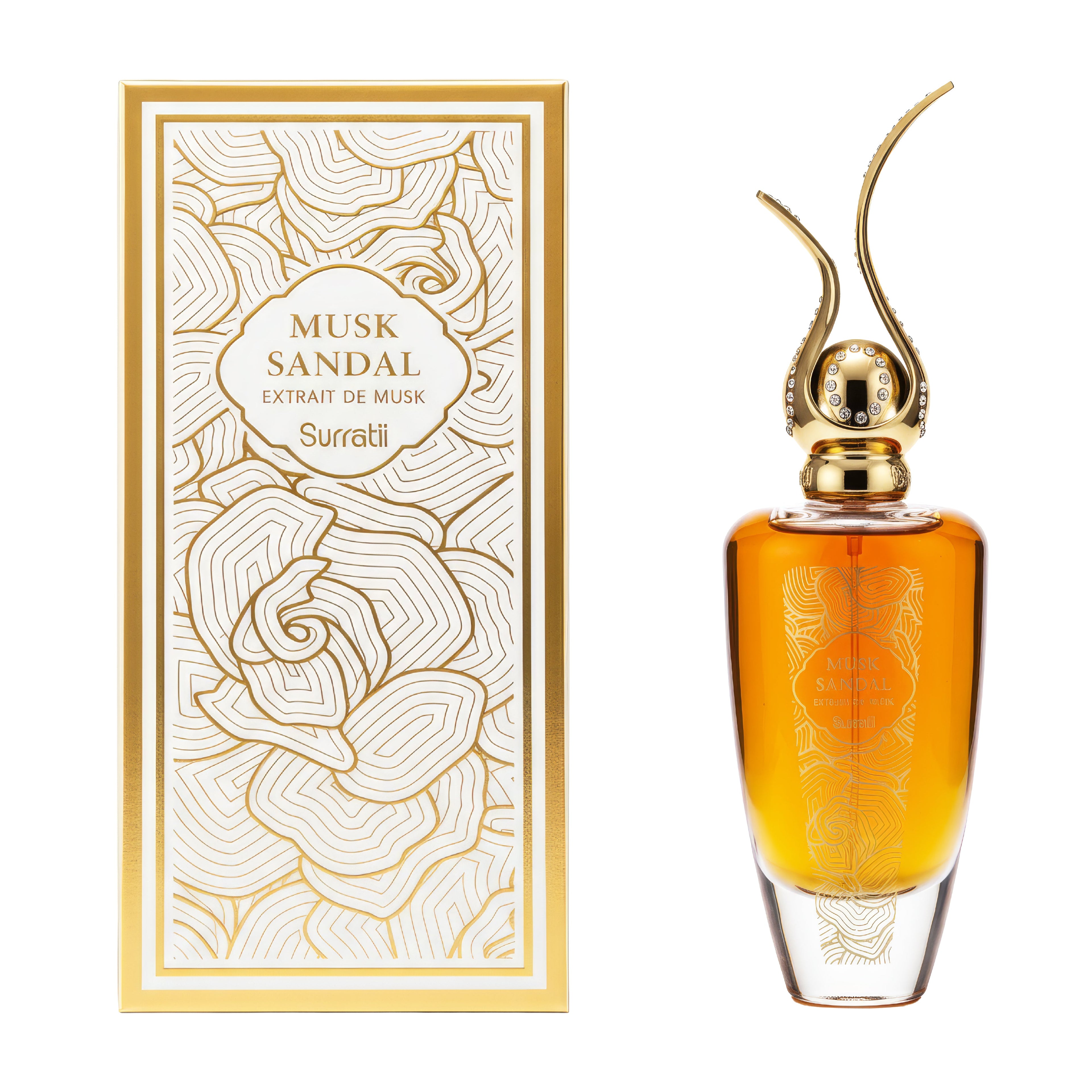 Perfume bottle and packaging of Musk Sandal by Surretti on a white background