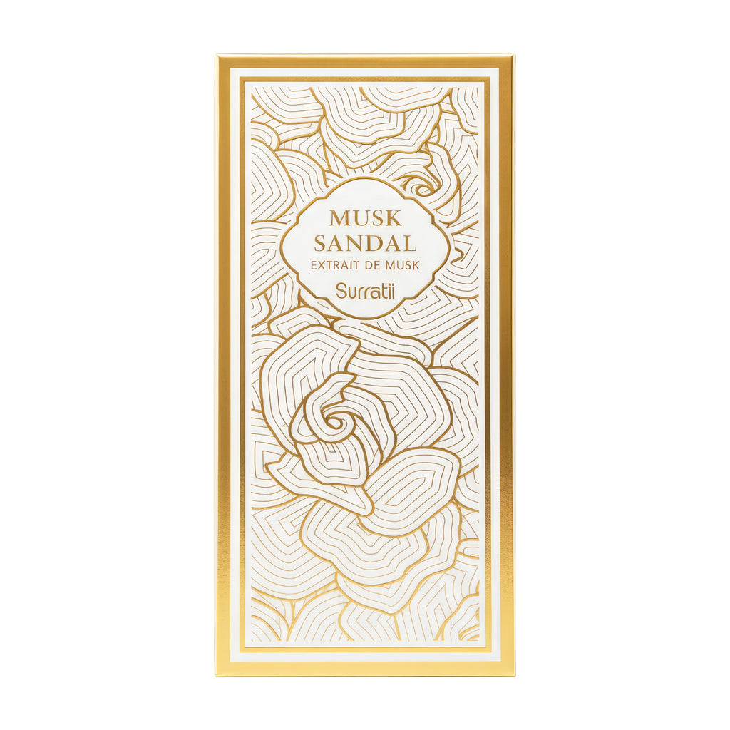 Surratii Musk Sandal packaging with floral design on a white background