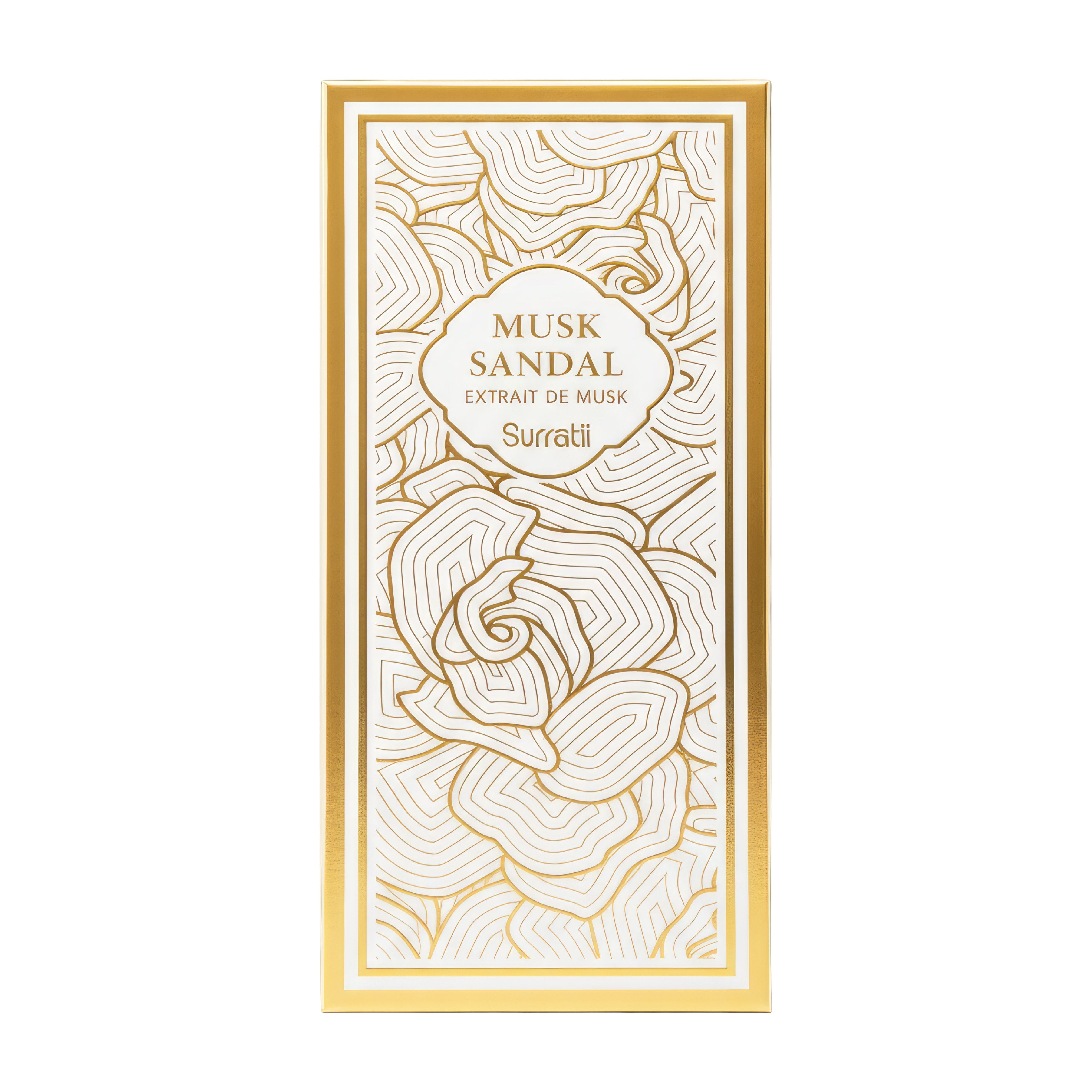 Surratii Musk Sandal packaging with floral design on a white background