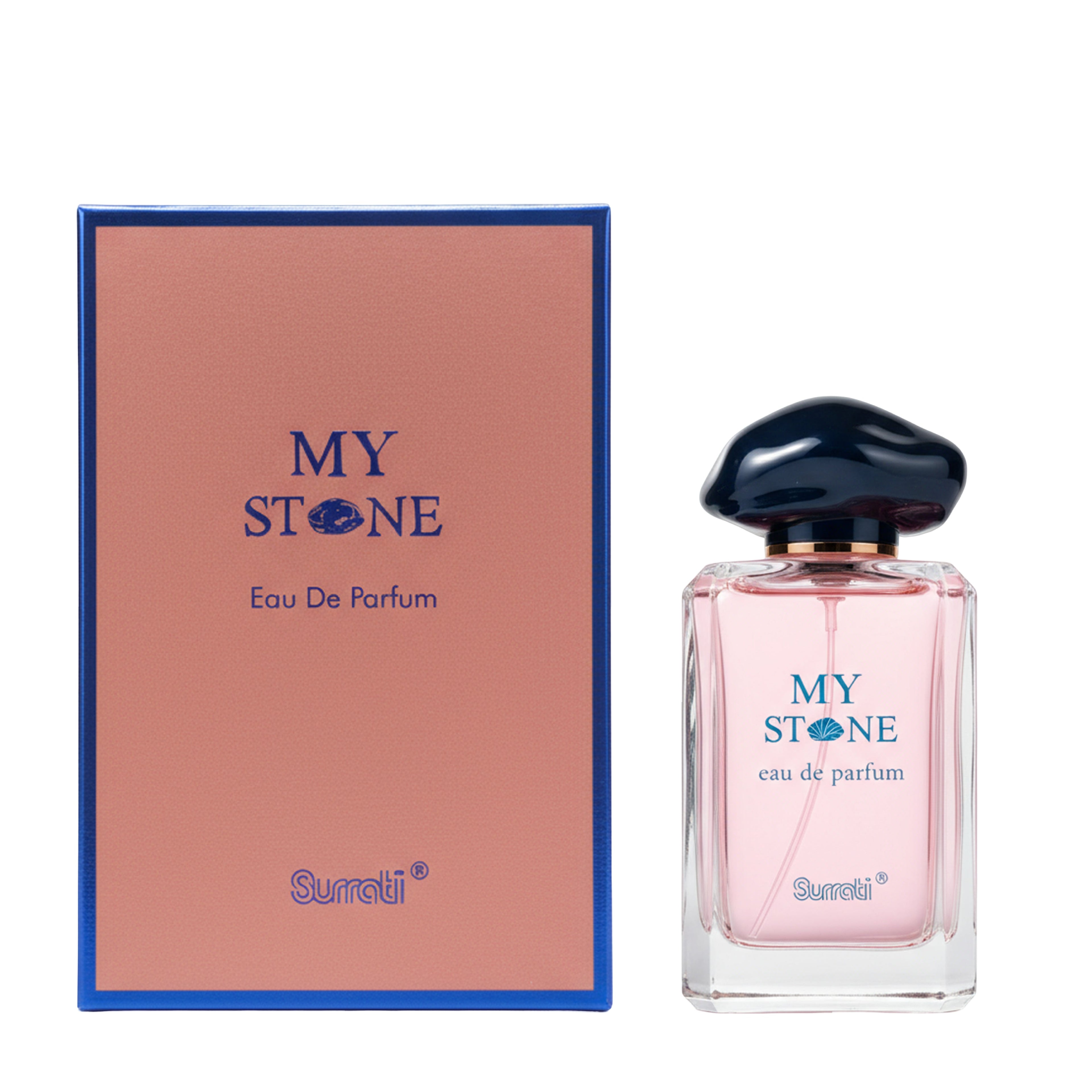 Pink perfume bottle labeled 'My Stone' by Surrati on a white background