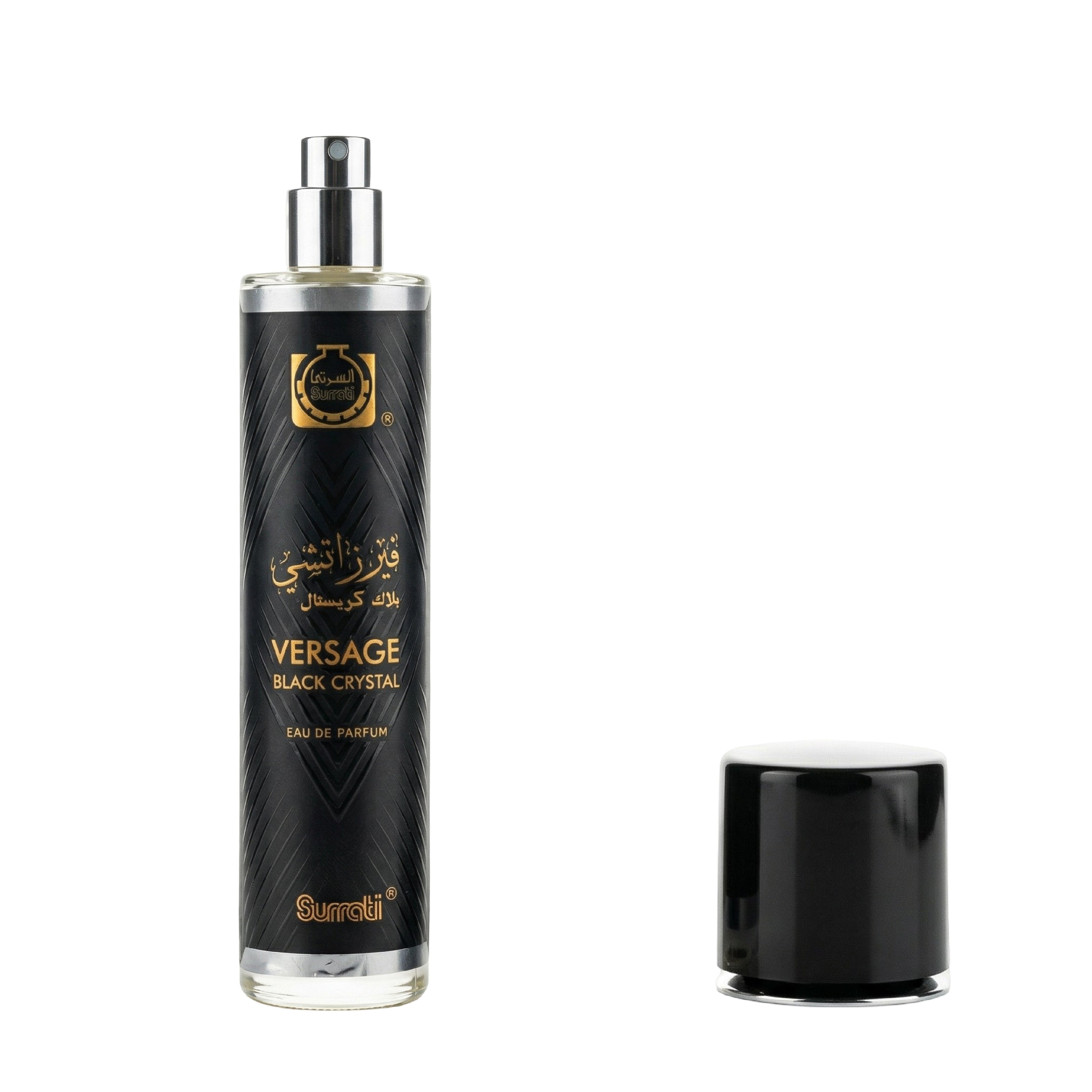 A bottle of Versage Black Crystal Eau de Parfum with its cap removed, displayed on a clean white background. The bottle is black with gold lettering and a silver spray nozzle, and the separate cap is shown to the right.