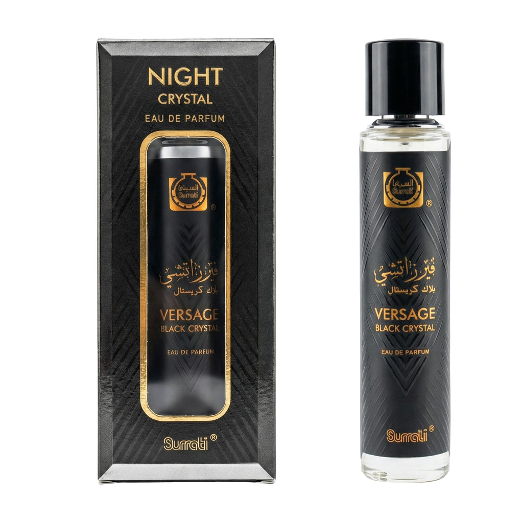Versace Night Crystal Black Crystal Eau de Parfum shown with its black retail box and the clear glass perfume bottle on a white background.