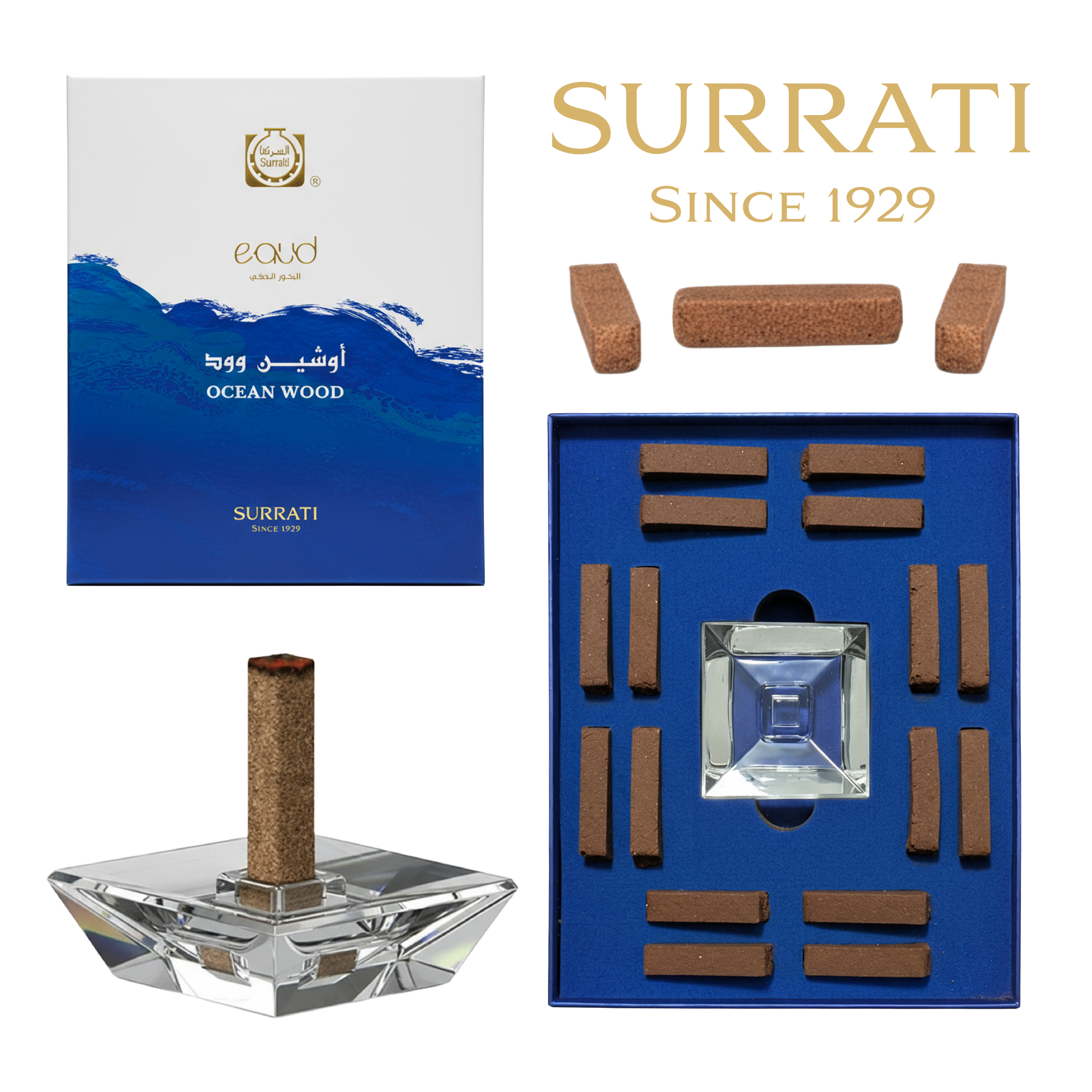Surrati incense set with packaging and components on a white background