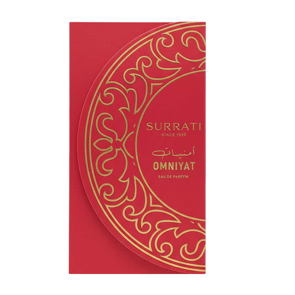 Red perfume bottle packaging with gold intricate design and 'Surrati' branding.