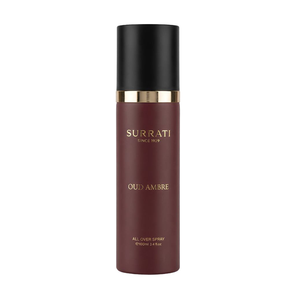 Surrati Oud Ambre all-over spray bottle on a white background
