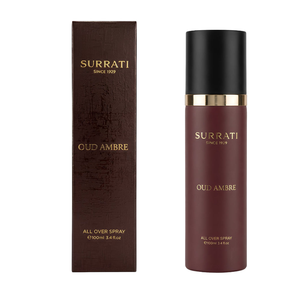 Surrati Oud Ambre perfume bottle and its matching box, both in dark brown with gold lettering, on a plain white background.