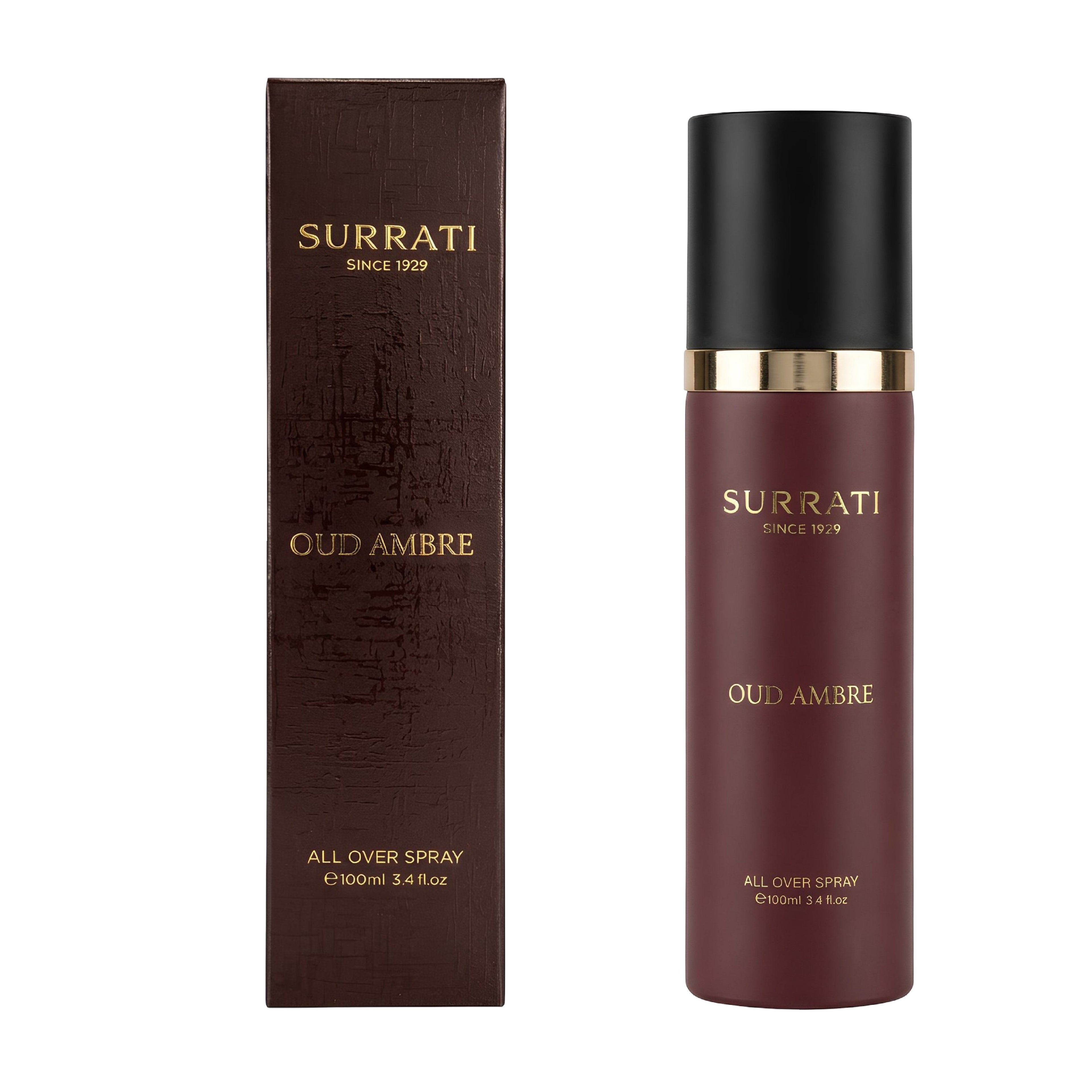 Surrati Oud Ambre perfume bottle and its matching box, both in dark brown with gold lettering, on a plain white background.