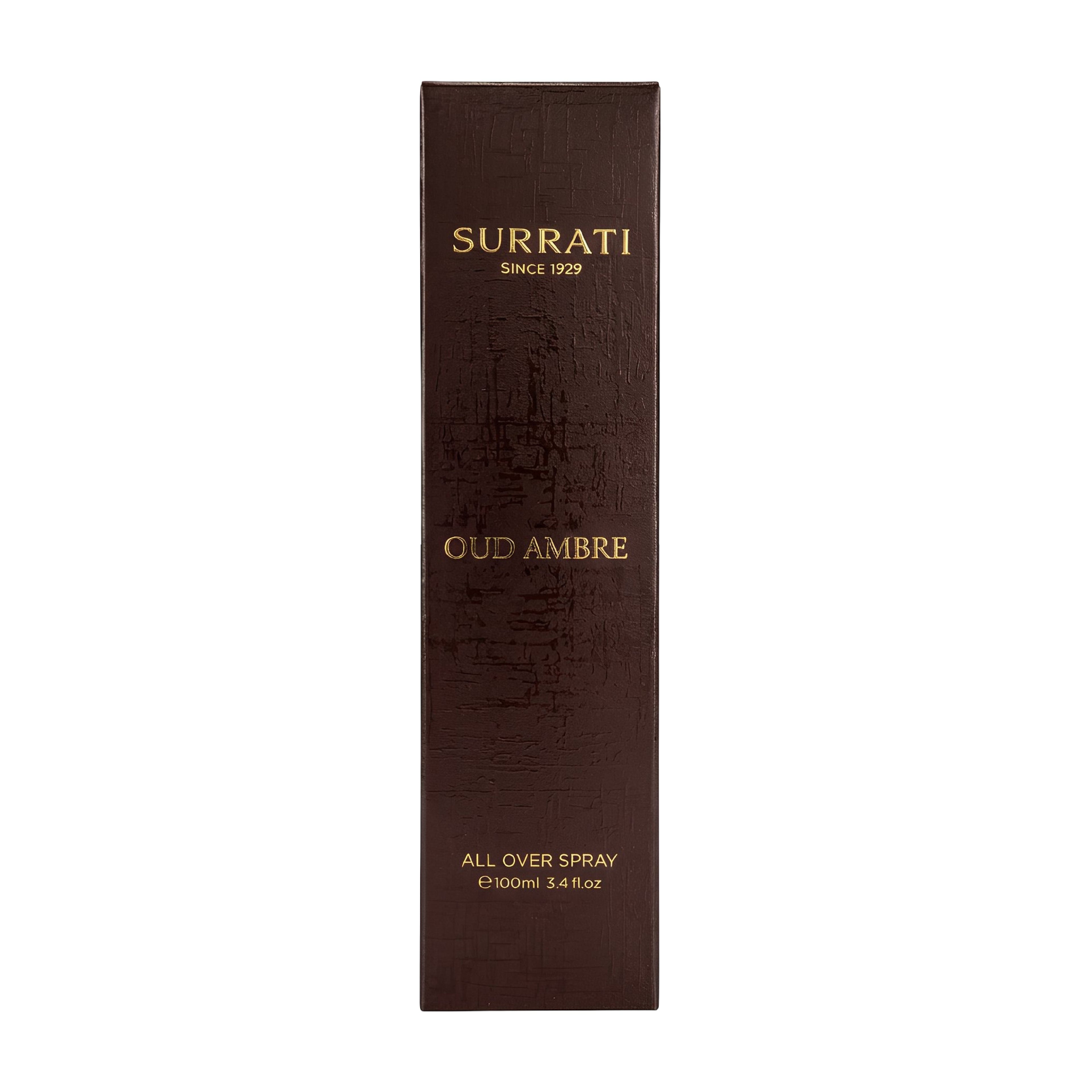 A tall, narrow dark brown rectangular box for Surrati Oud Ambre fragrance, with gold lettering on a plain white background.