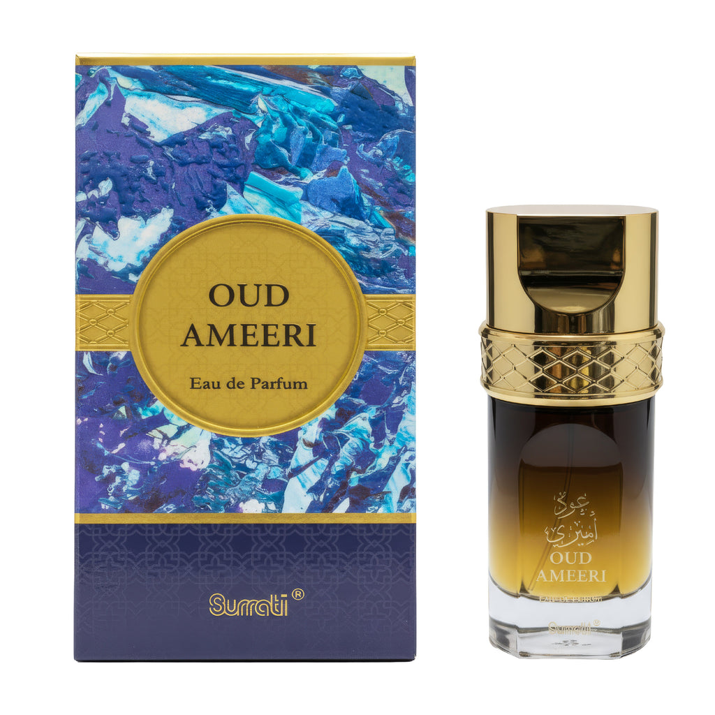 Oud Ameeri Eau de Parfum bottle and packaging with gold and blue design.