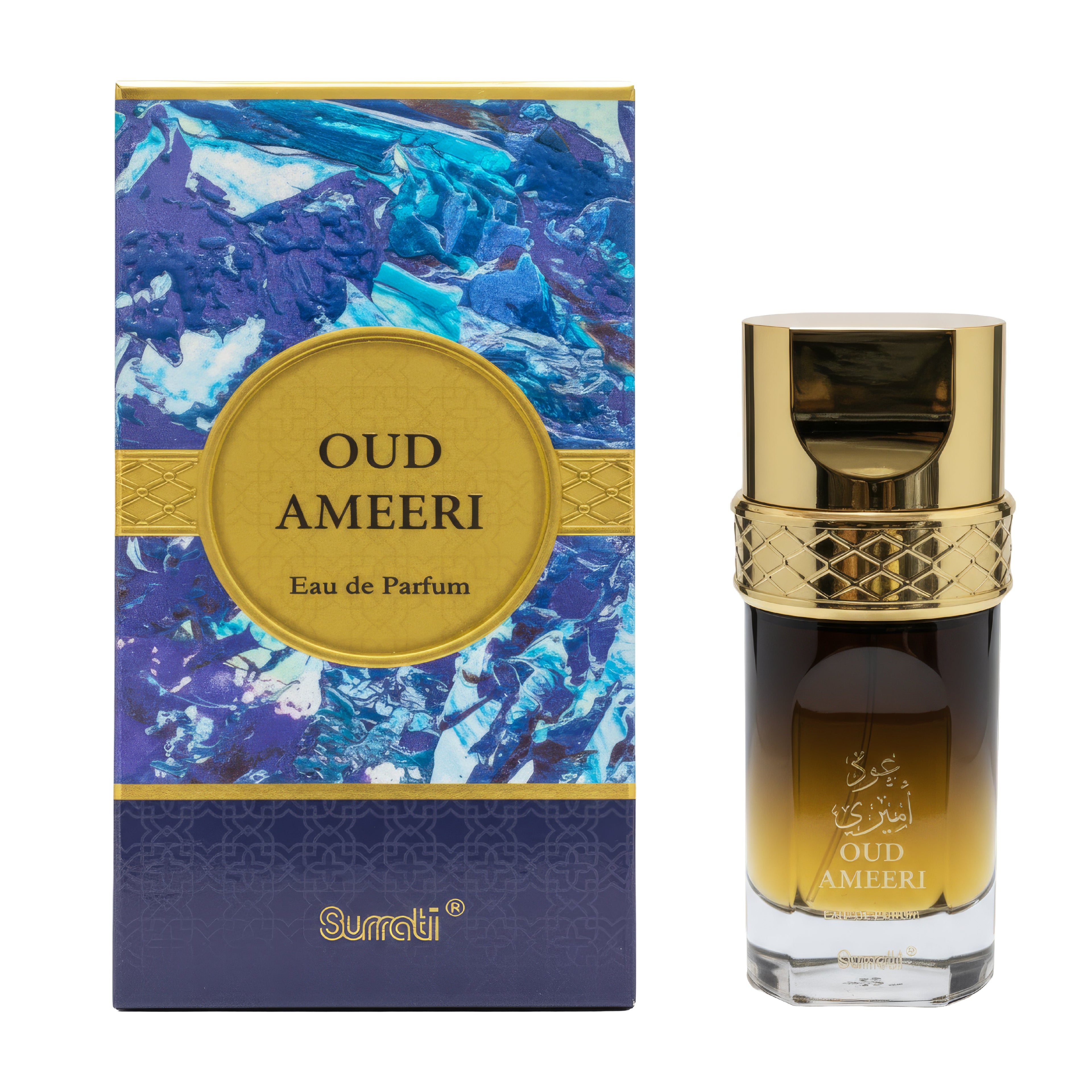 Oud Ameeri Eau de Parfum bottle and packaging with gold and blue design.