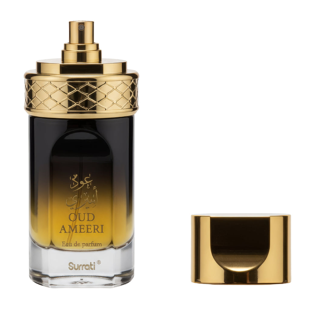 Surrati Oud Ameeri perfume bottle with gold cap on a white background