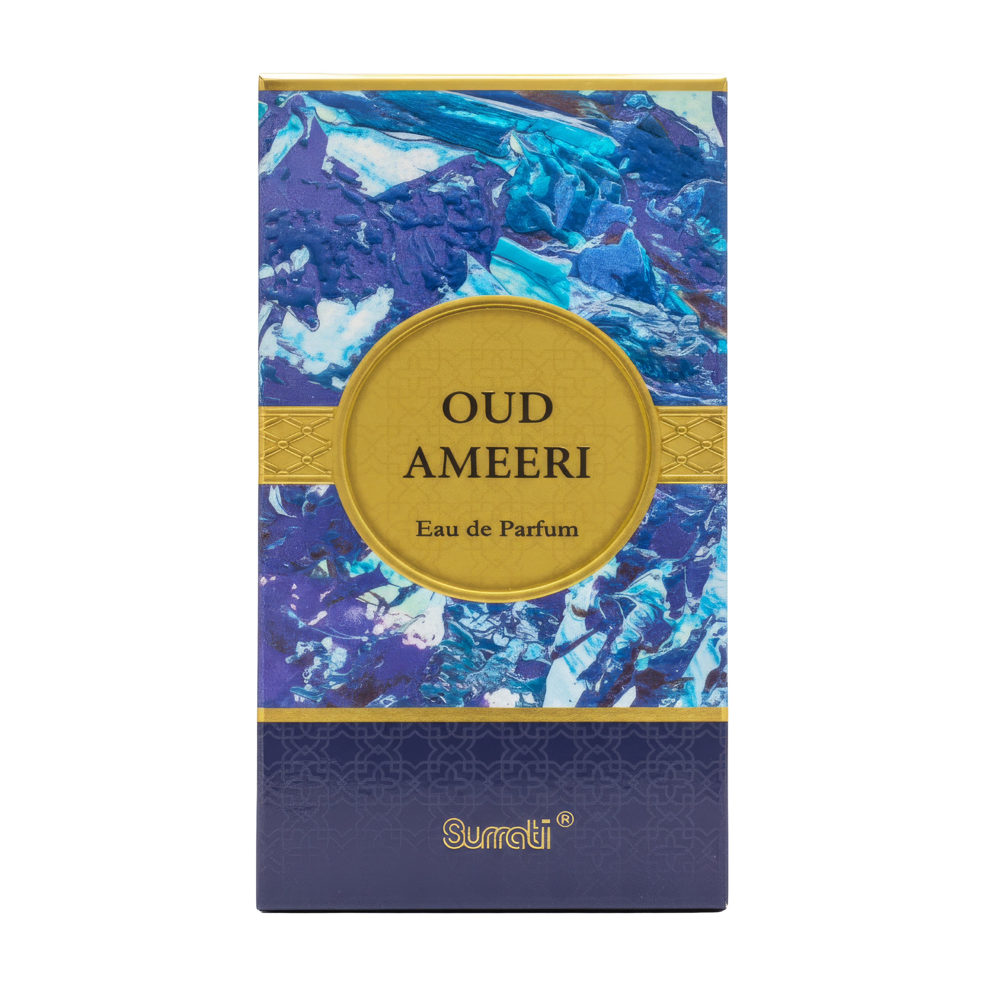 Oud Ameeri perfume packaging with blue and gold design