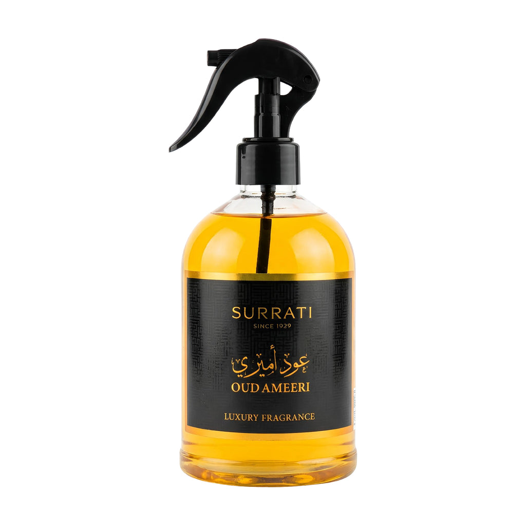 Bottle of Surrati Oud Ameeri luxury fragrance with a black spray nozzle on a white background