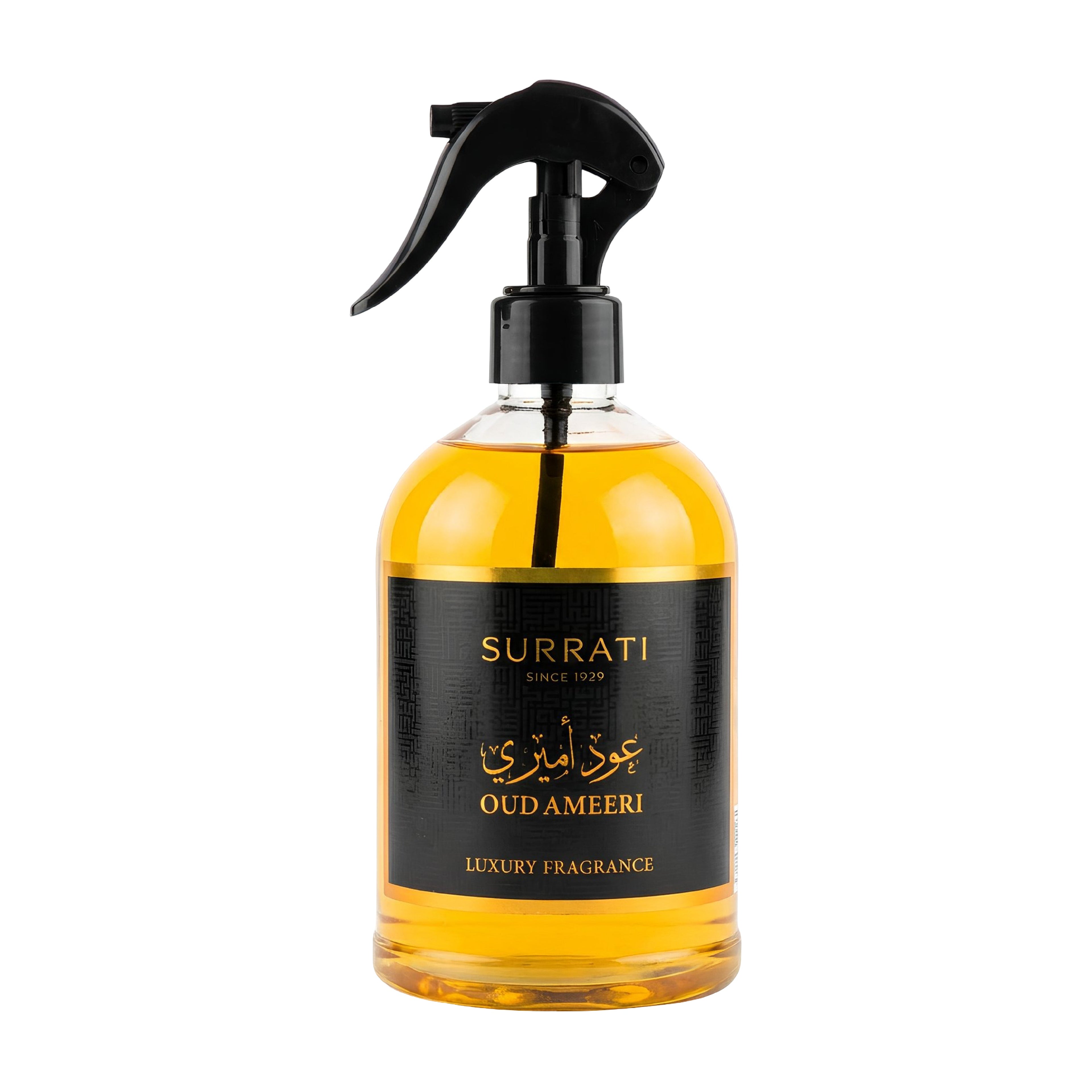 Bottle of Surrati Oud Ameeri luxury fragrance with a black spray nozzle on a white background