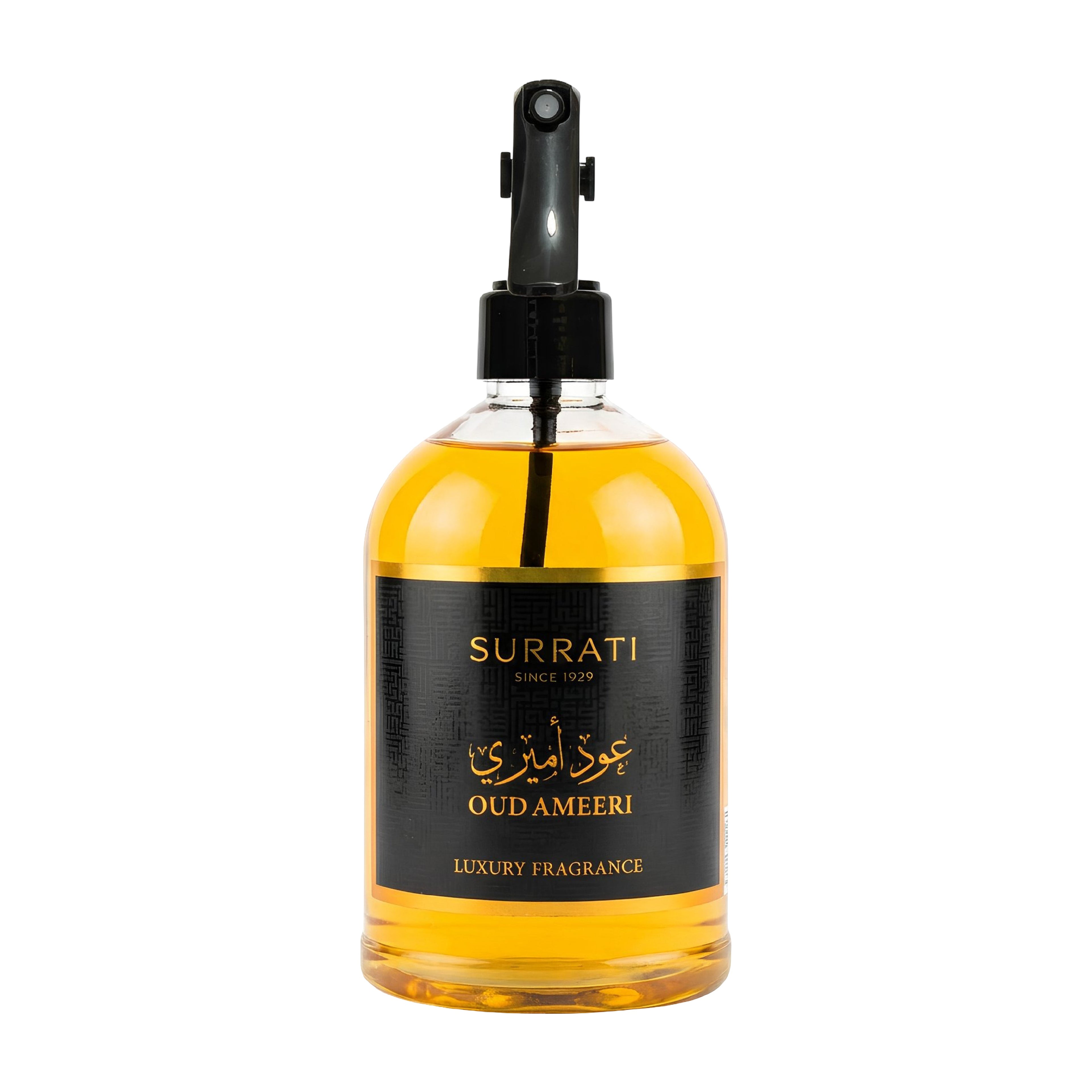A clear glass spray bottle filled with golden amber liquid, featuring a black pump dispenser and a black label with gold lettering that reads 'Surrati' and 'Oud Ameeri'.