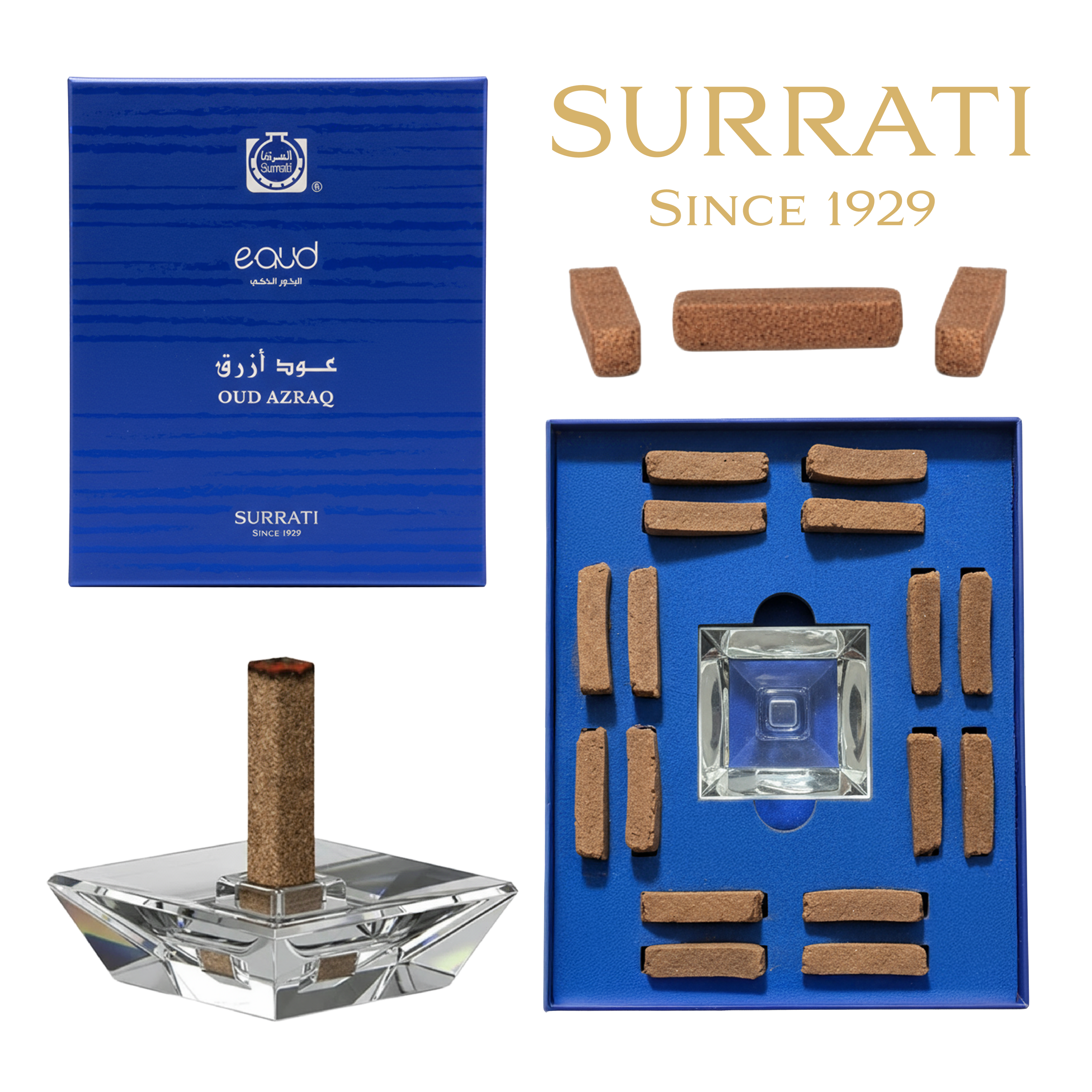 Surrati Oud Azraq fragrance set with a blue box, a lit incense stick in a clear glass holder, and multiple incense sticks arranged on a blue tray. The brand name Surrati is visible, along with 'eoud' and 'OUD AZRAQ' on the packaging.