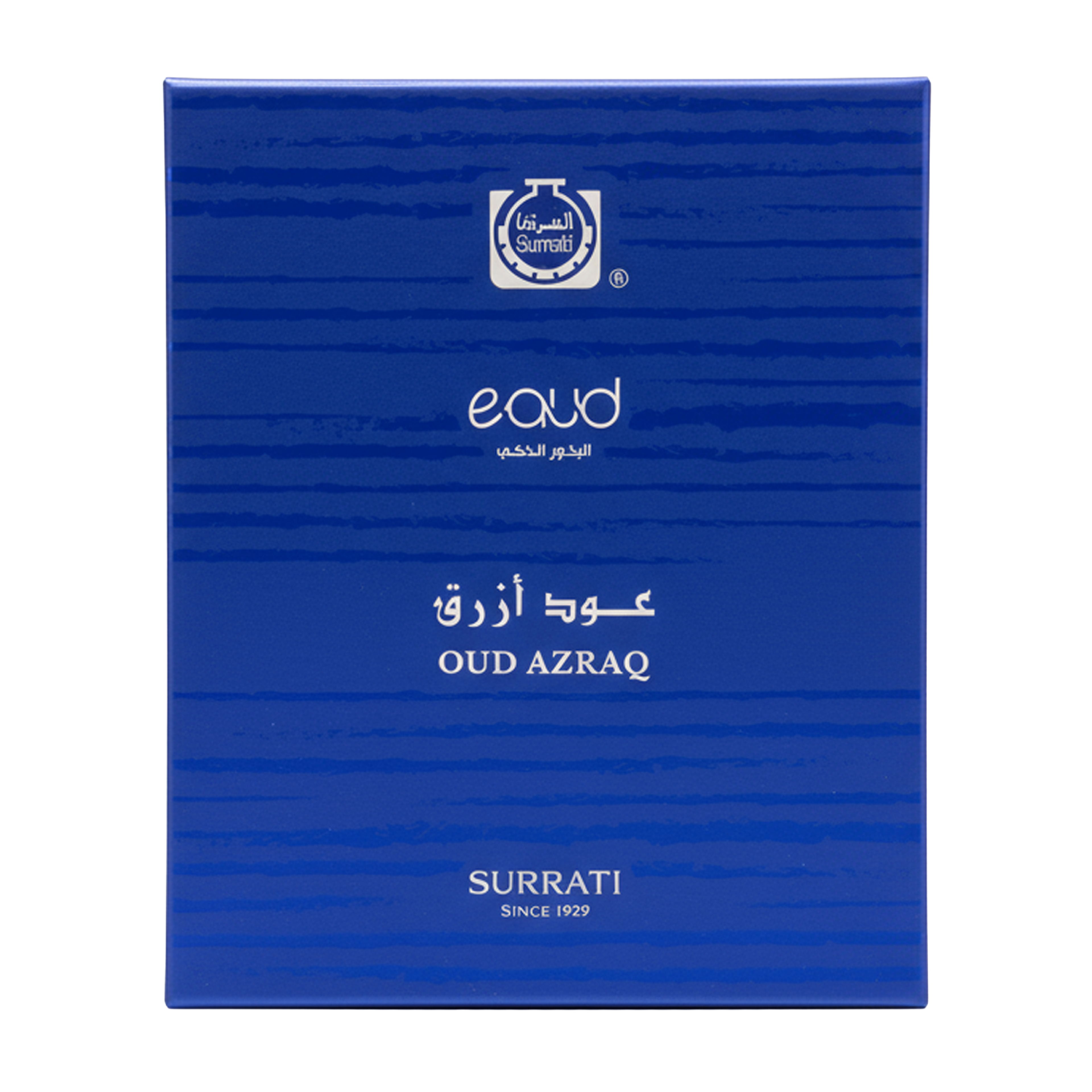 A blue rectangular box for Oud Azraq fragrance by Surrati, featuring white text and a small logo near the top, photographed on a plain white background.