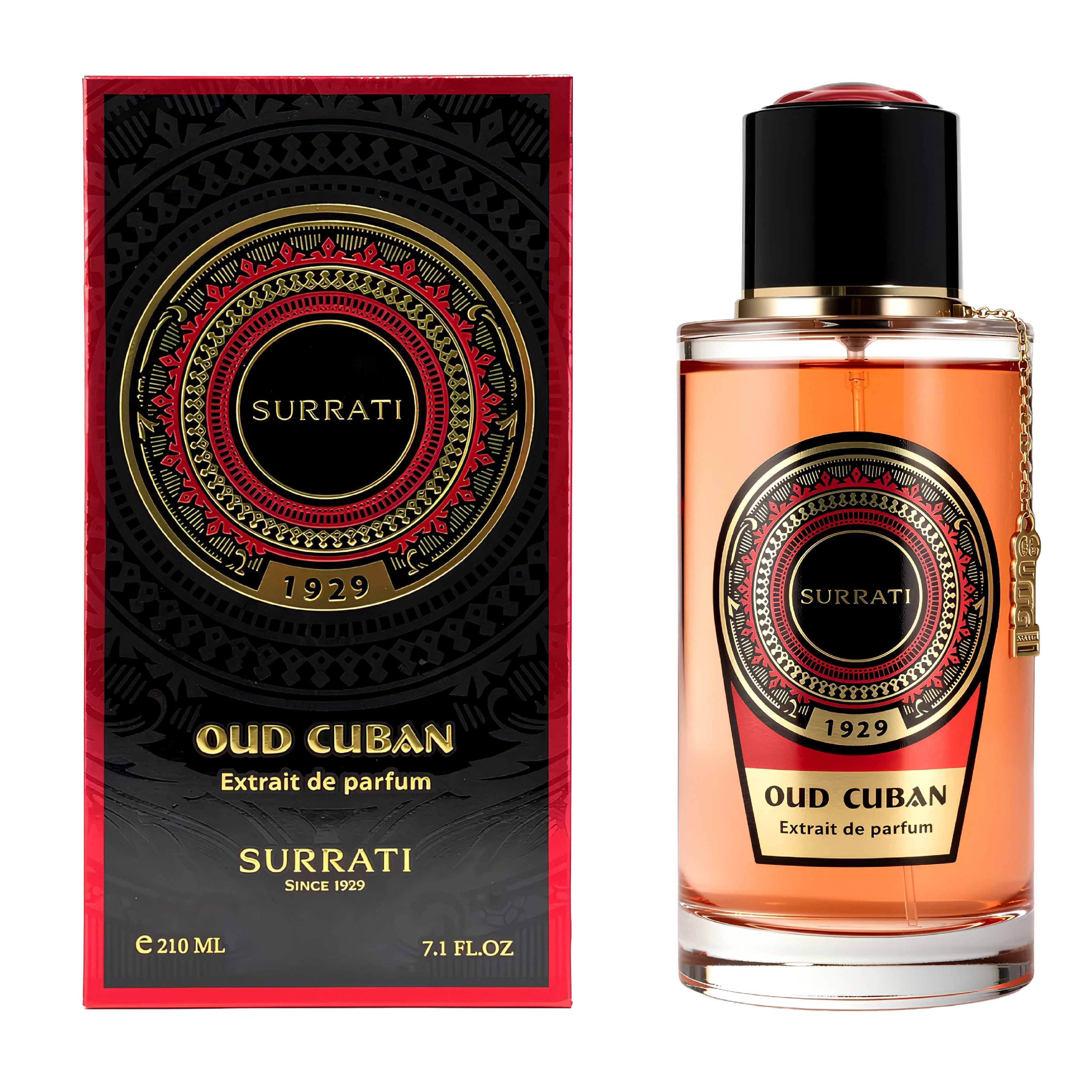 Surrati Oud Cuban Extrait de Parfum shown with its black and red packaging box and the clear glass perfume bottle containing amber liquid.