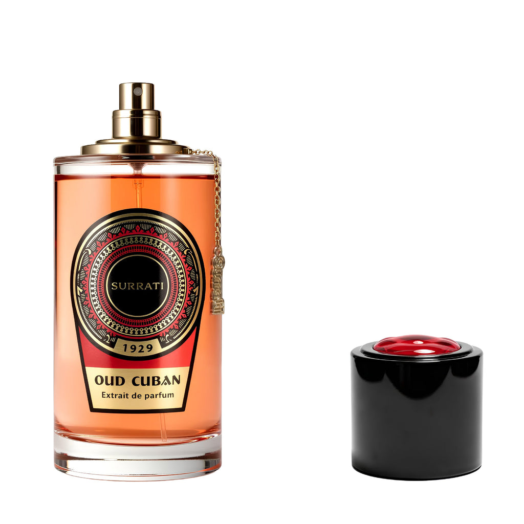 Surrati Oud Cuban Extrait de Parfum bottle with amber liquid, gold cap, and a separate black cap with a red top shown beside it on a white background.