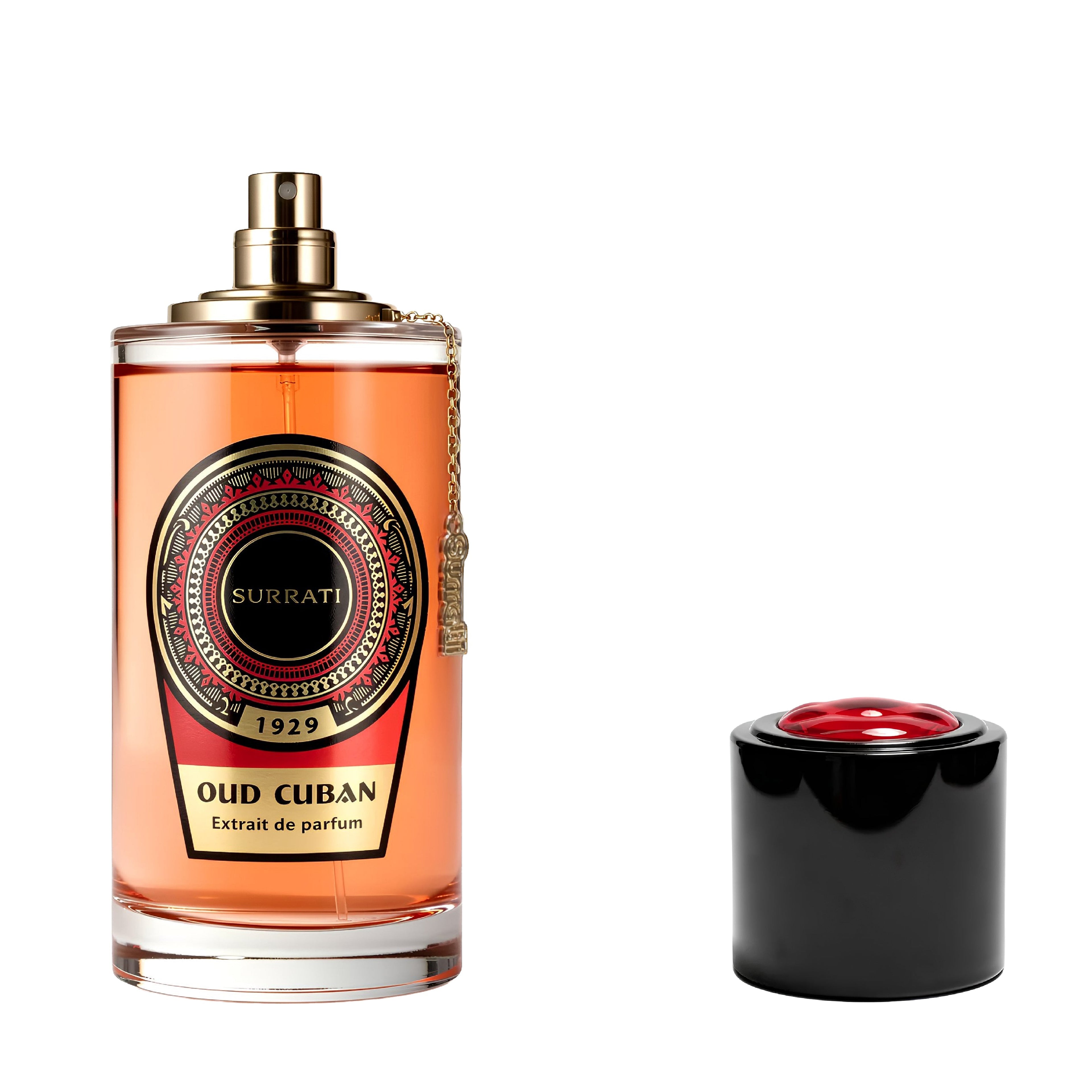 Surrati Oud Cuban Extrait de Parfum bottle with amber liquid, gold cap, and a separate black cap with a red top shown beside it on a white background.