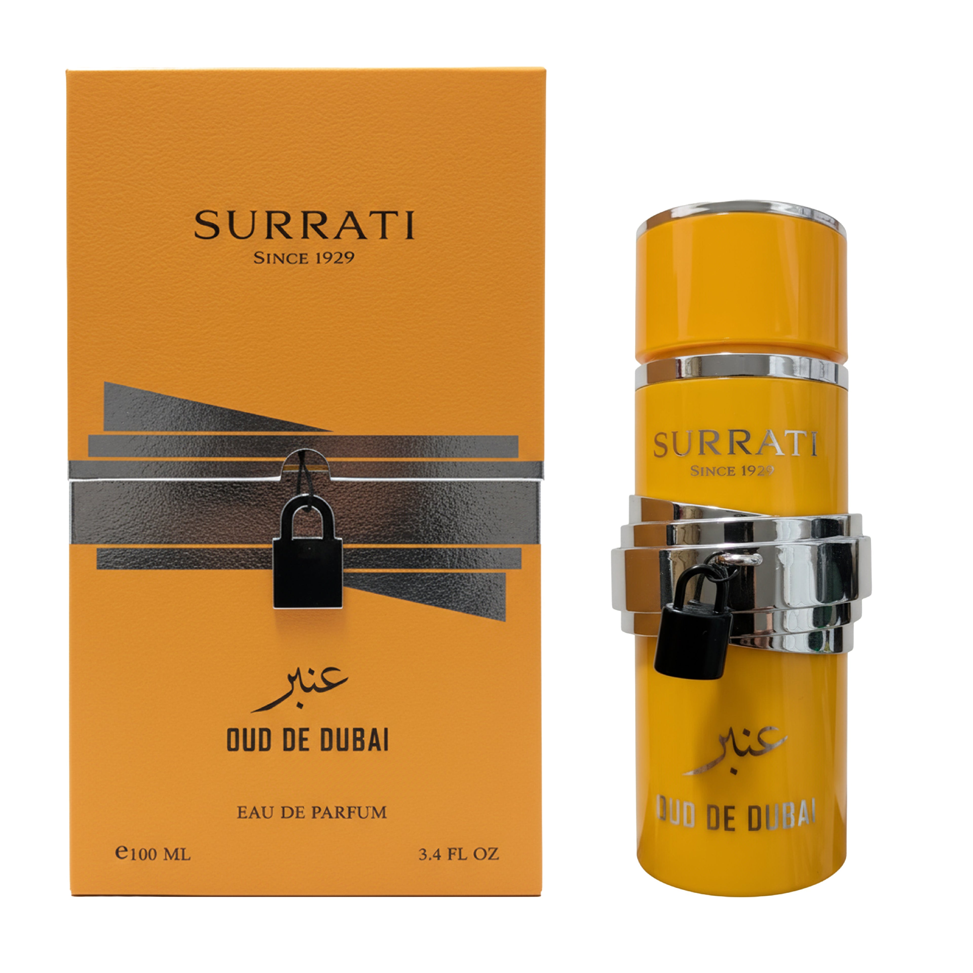 Surrati Qud de Dina Eau de Parfum shown with its orange packaging box and the yellow cylindrical perfume bottle, both featuring silver metallic bands and a small black padlock graphic.