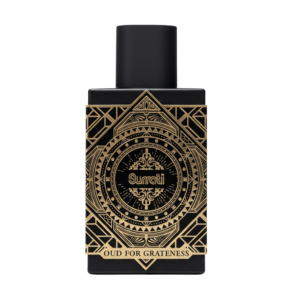 Black and gold perfume bottle with 'Surati' branding on a white background