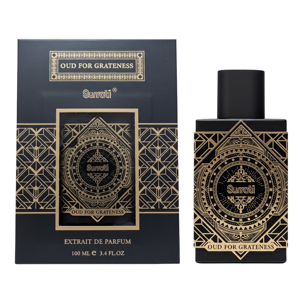 Surrell Oud for Grateneess perfume bottle and packaging on a white background