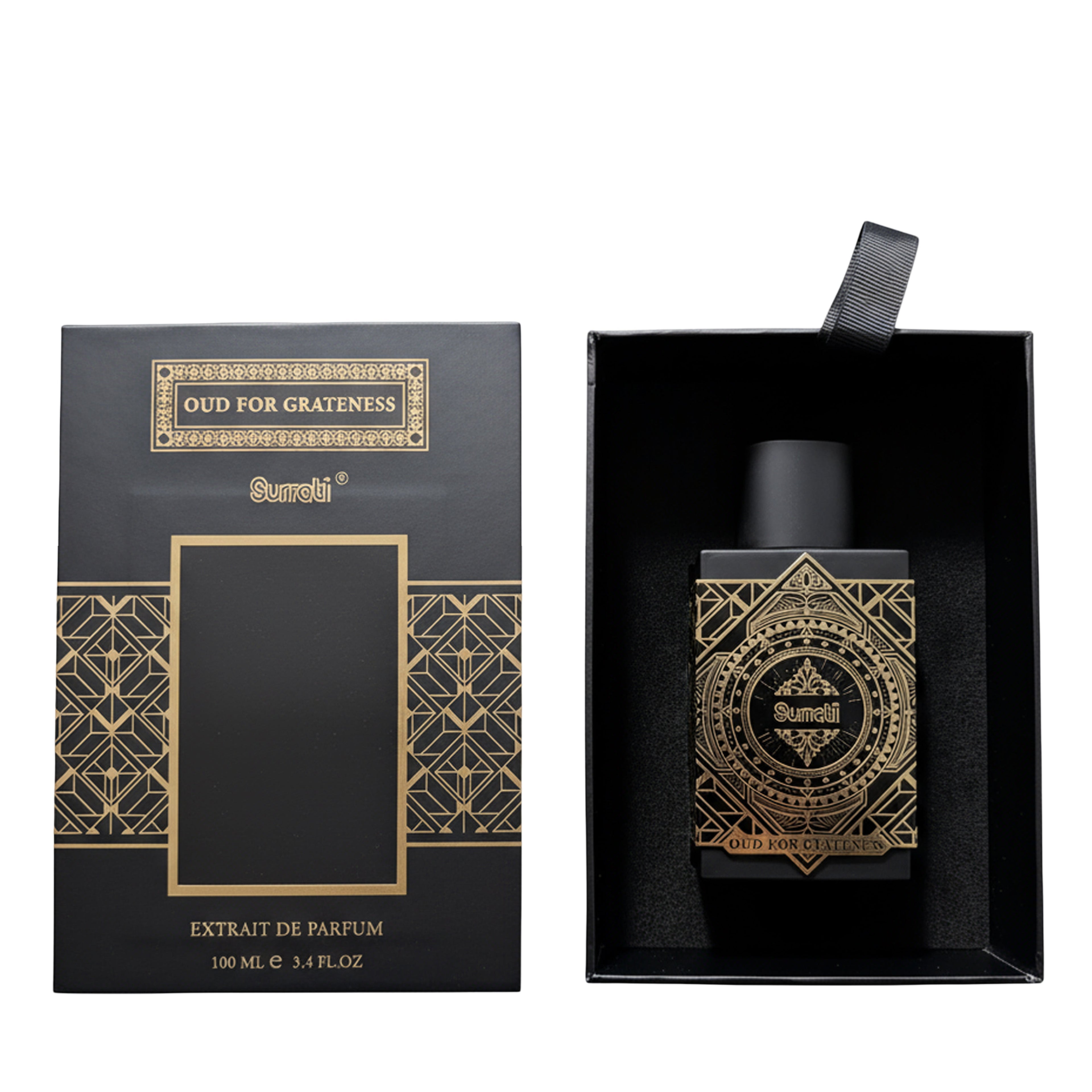 Black and gold perfume bottle with packaging on a white background