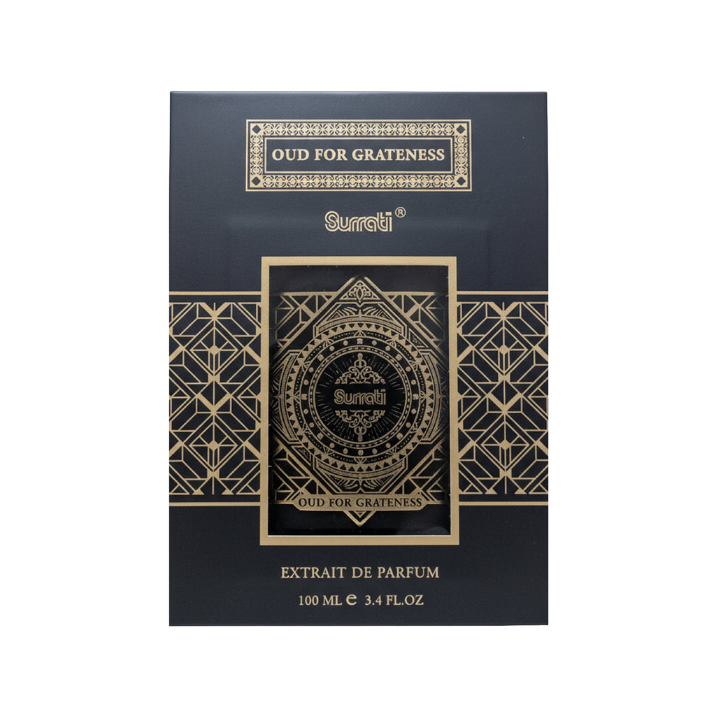 Surrati Oud for Grateness perfume packaging on a white background