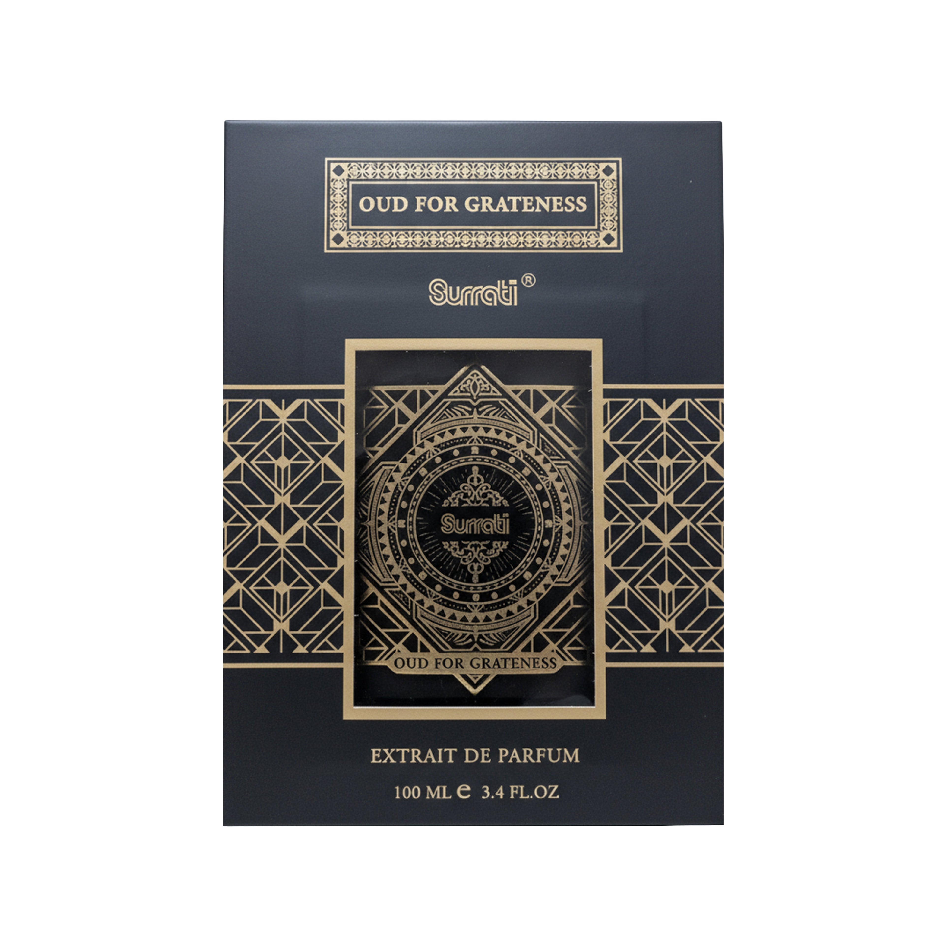 Surrati Oud for Grateness perfume packaging on a white background