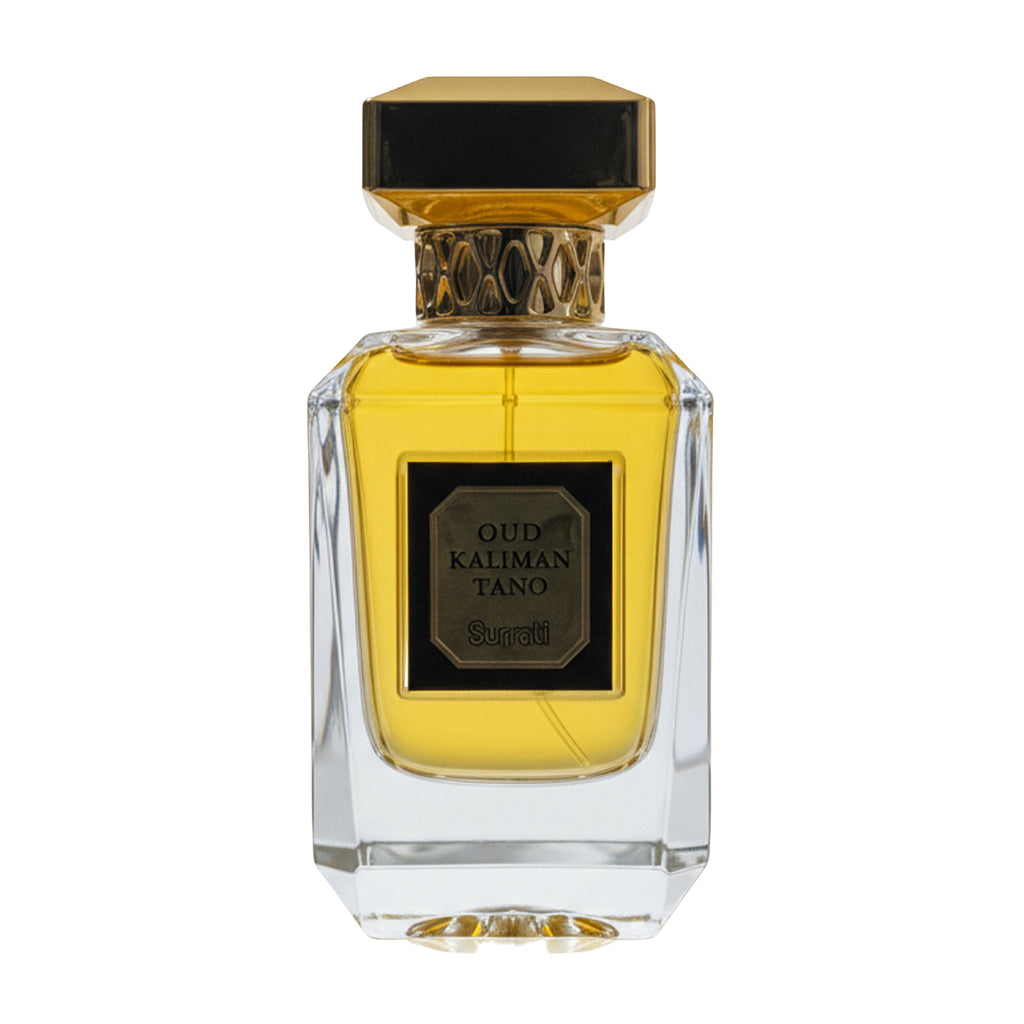 Perfume bottle with gold cap and clear body on a white background