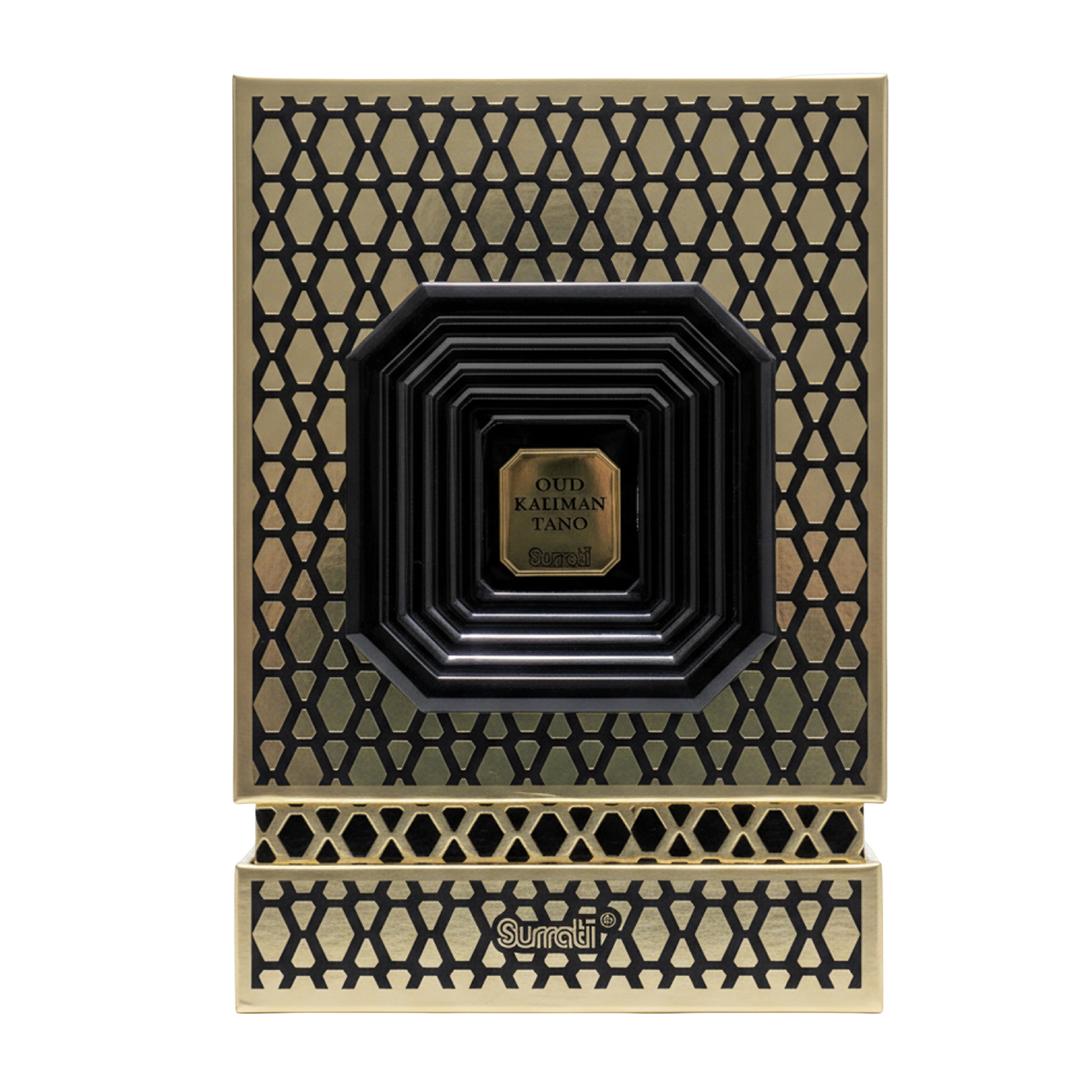A luxury perfume bottle with an ornate geometric gold and black patterned box, featuring a central black octagonal bottle and a gold label that reads 'Oud Karman Tansy' and 'Sumati'.