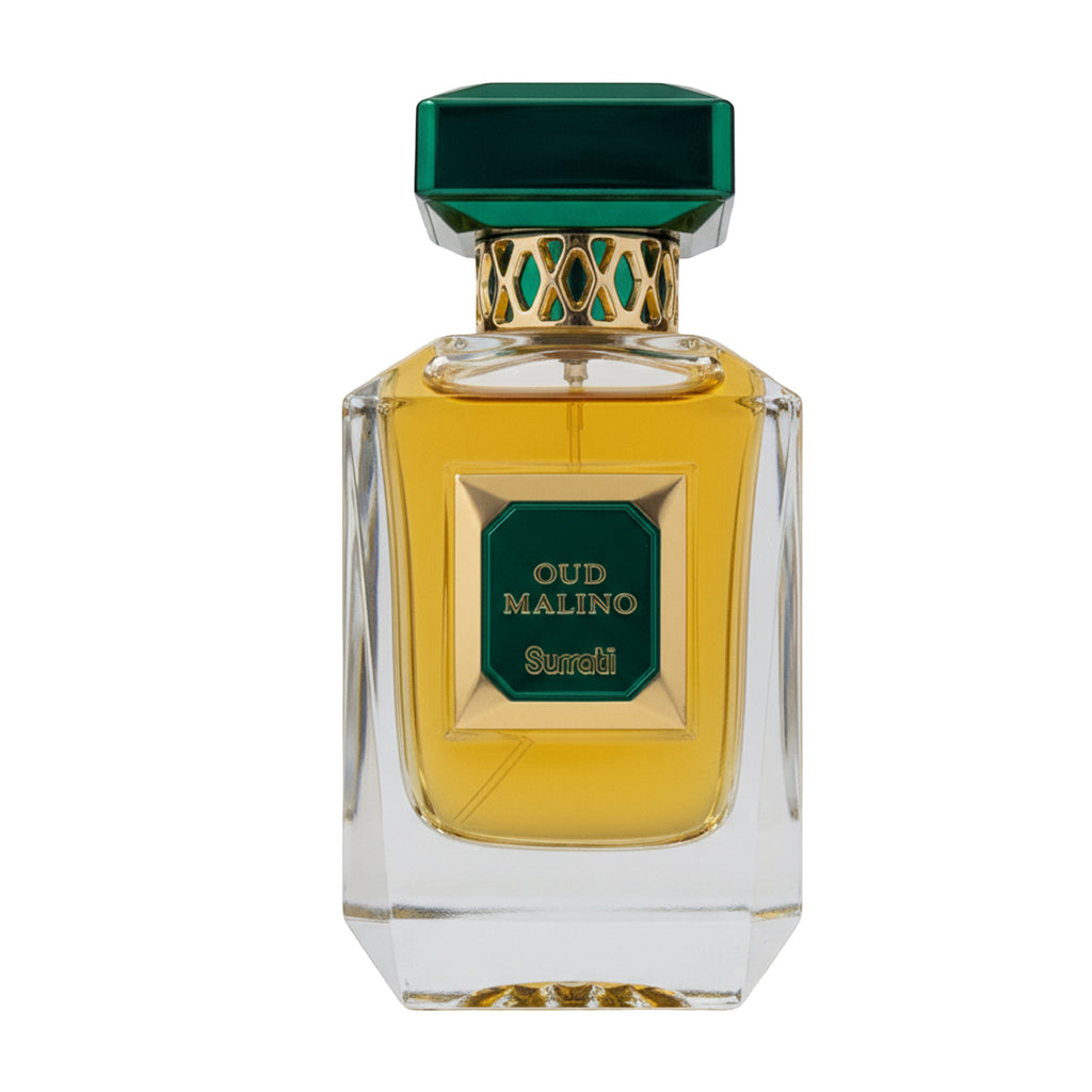 Perfume bottle with green and gold cap on a white background